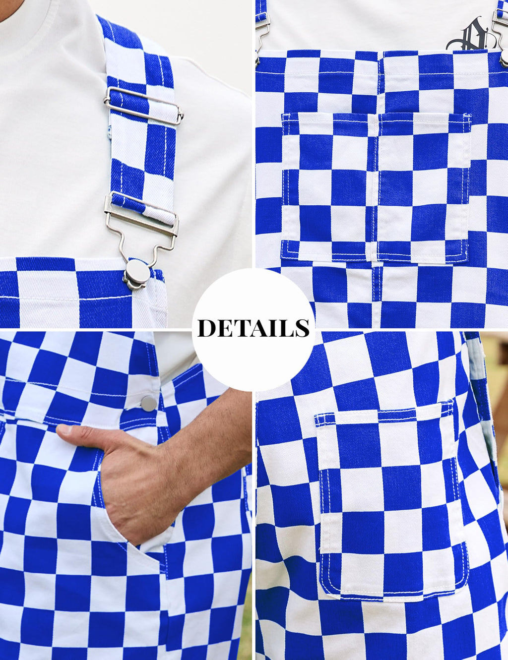 Odefou Checkered Bib Overalls for Men Jumpsuit Shorts Work Coveralls