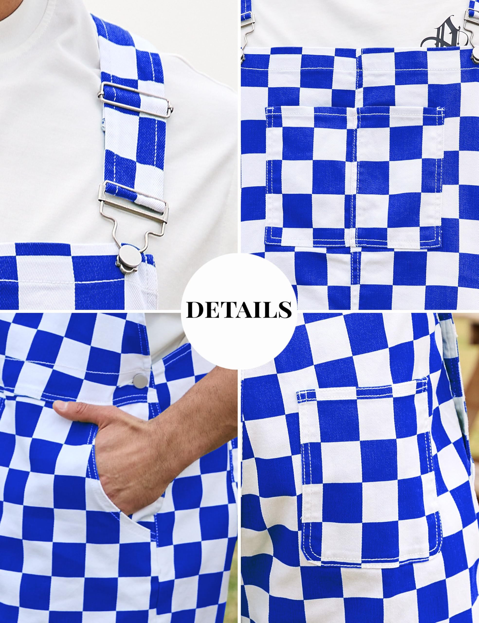 Odefou Checkered Bib Overalls for Men Jumpsuit Shorts Work Coveralls