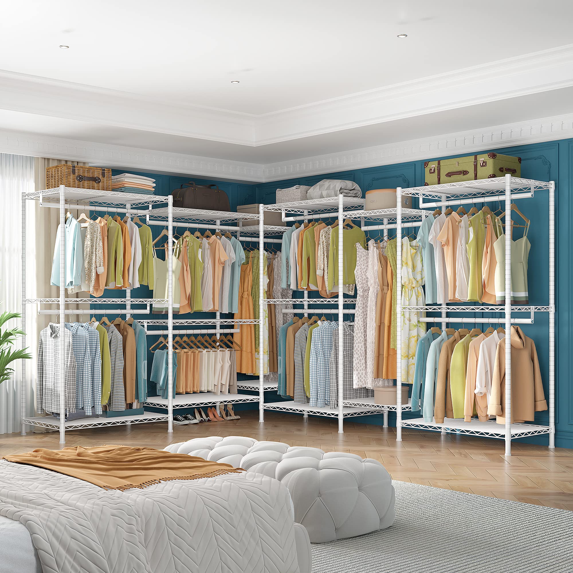 Raybee Clothes Rack,Clothing Racks for Hanging Clothes 900LBS Capacity Heavy Duty Portable Closet with 5 Hanger Rods & 8 Shelves for Walk-in Closet,Apartment
