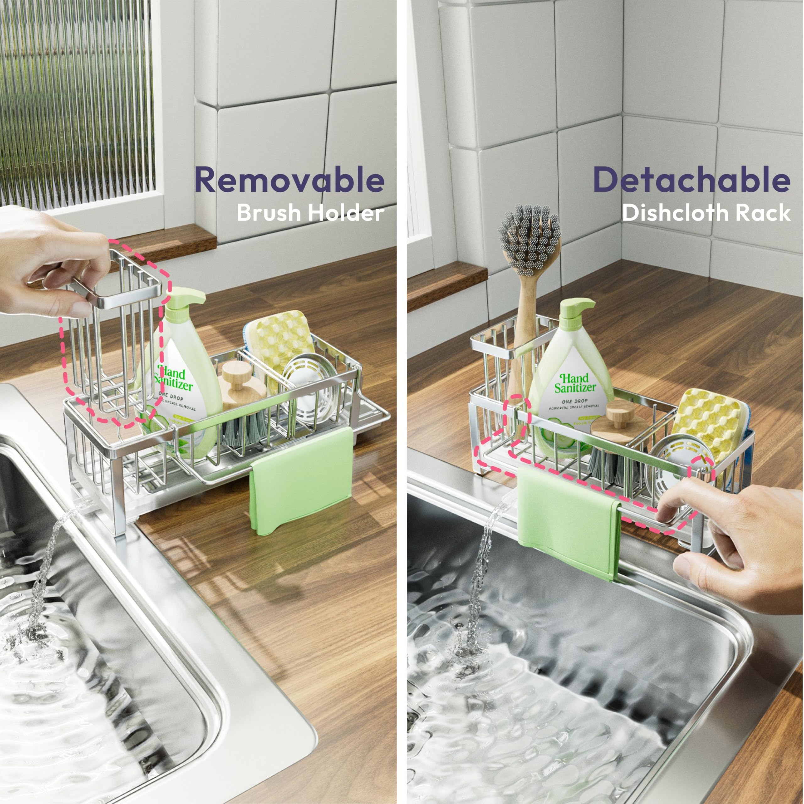 SWTYMIKI Sponge Holder for Kitchen Sink - Sink Caddy with Brush Holder Self-draining Sponge Caddy Organizer with Divider Stainless Steel Kitchen Accessories Storage for Countertop, Black