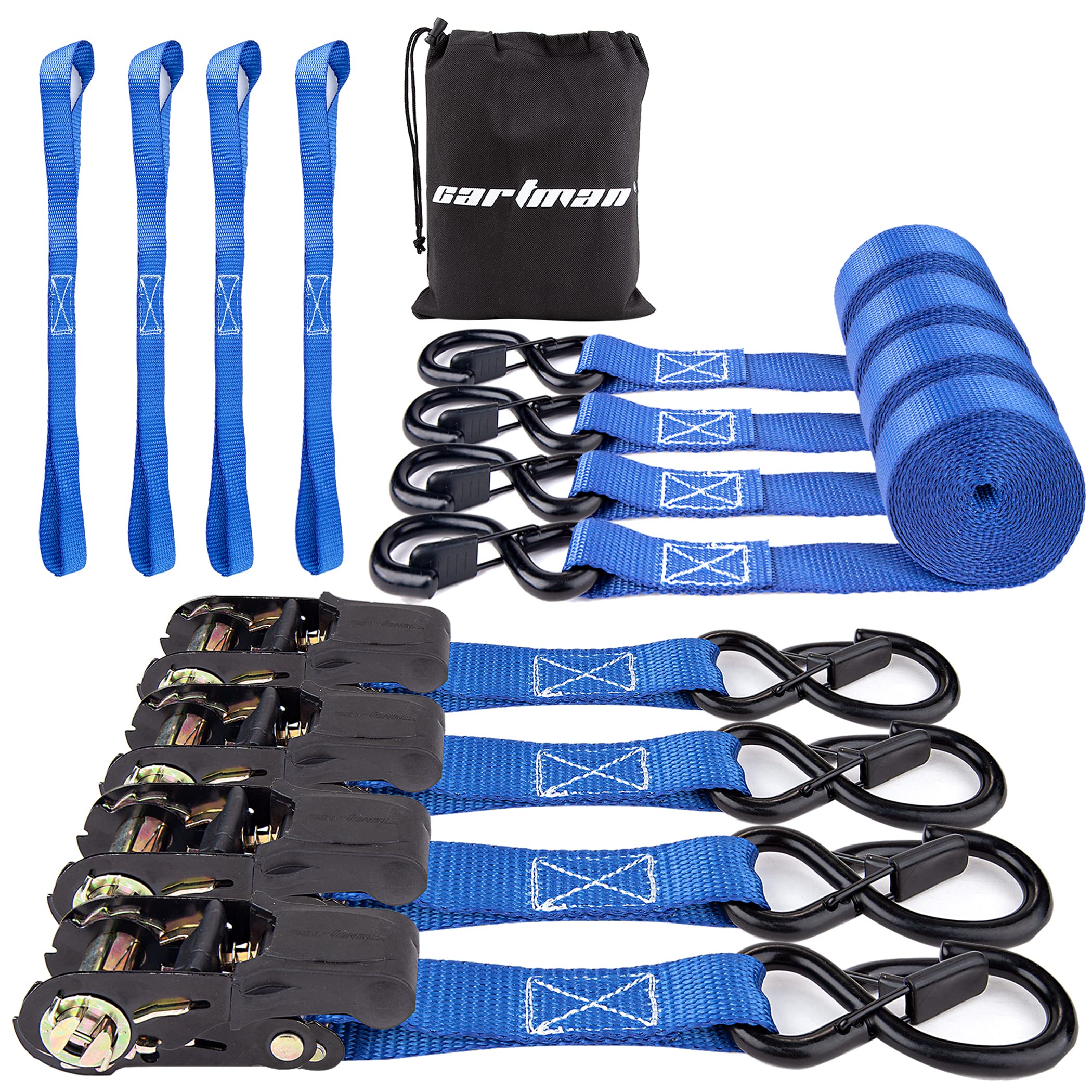 Cartman Ratchet Tie Down, 4Pk 15Ft, 500Lbs Load Cap/ 1500Lbs Break Strength, Cargo Straps for Moving Appliances, Lawn Equipment, Motorcycle in a Truck, with Carry Bag