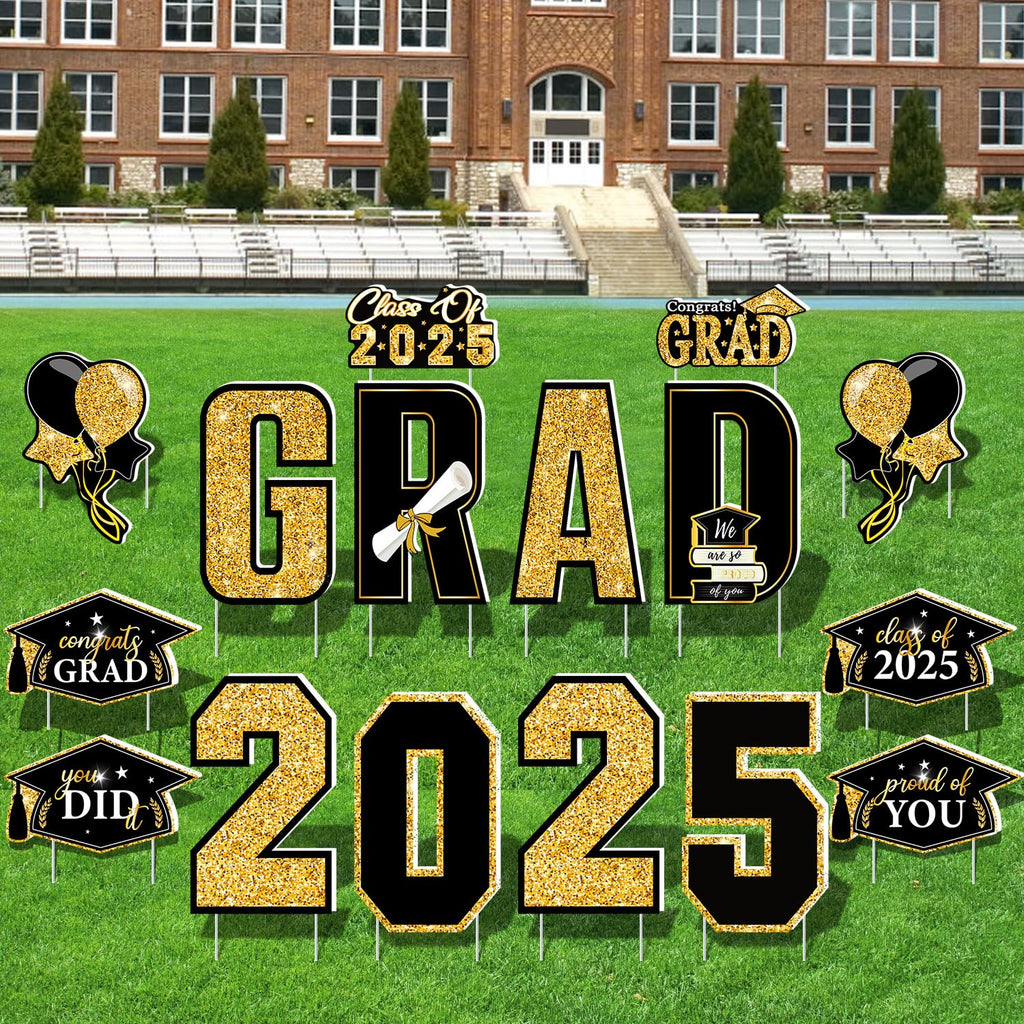 Multiwins 16 PCS Graduation Yard Signs, Black Gold Graduation Yard Signs Class Of 2025, 16 Inches Large Congrats Grad 2025 Yard Signs with Stakes For 2025 Graduation Decorations
