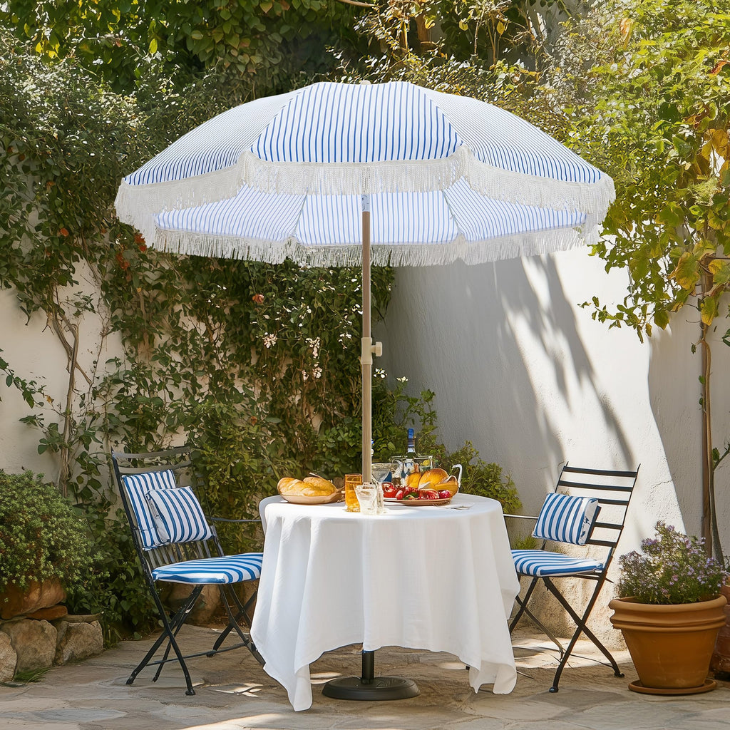 6.5FT Boho Patio Umberlla with Fringe,UPF50+ Outdoor Umbrella with Fiberglass Ribs and Push Button Tilt,Tassels Umbrella for Beach,Terrace,Picnic
