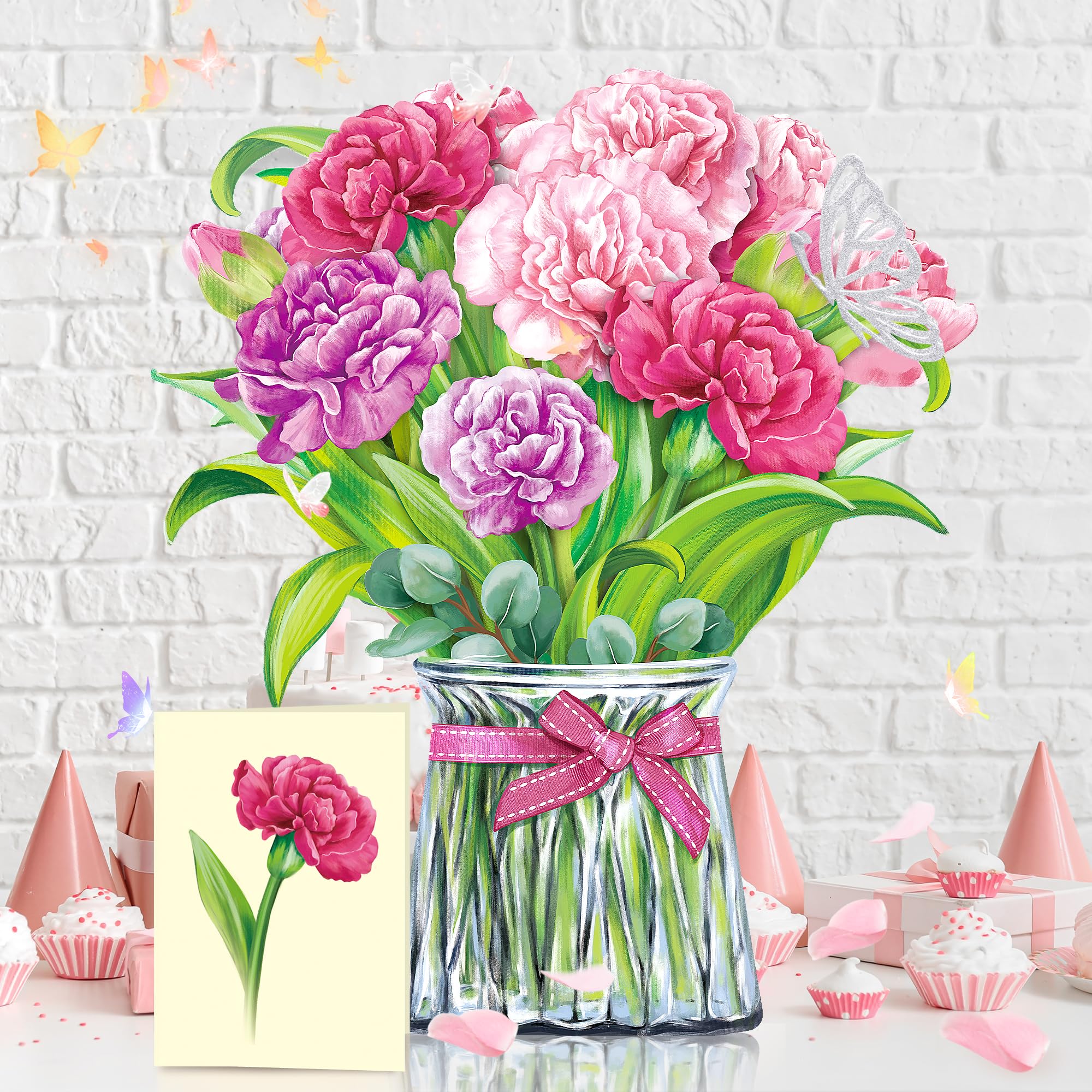 Airpark 3D Pop Up Paper Flowers Bouquet Card 12’‘ with Note & Envelope, Birthday Gifts, Get Well, Thank You, Greeting Cards for Women Mom Wife Friends, Daisies and Butterflies