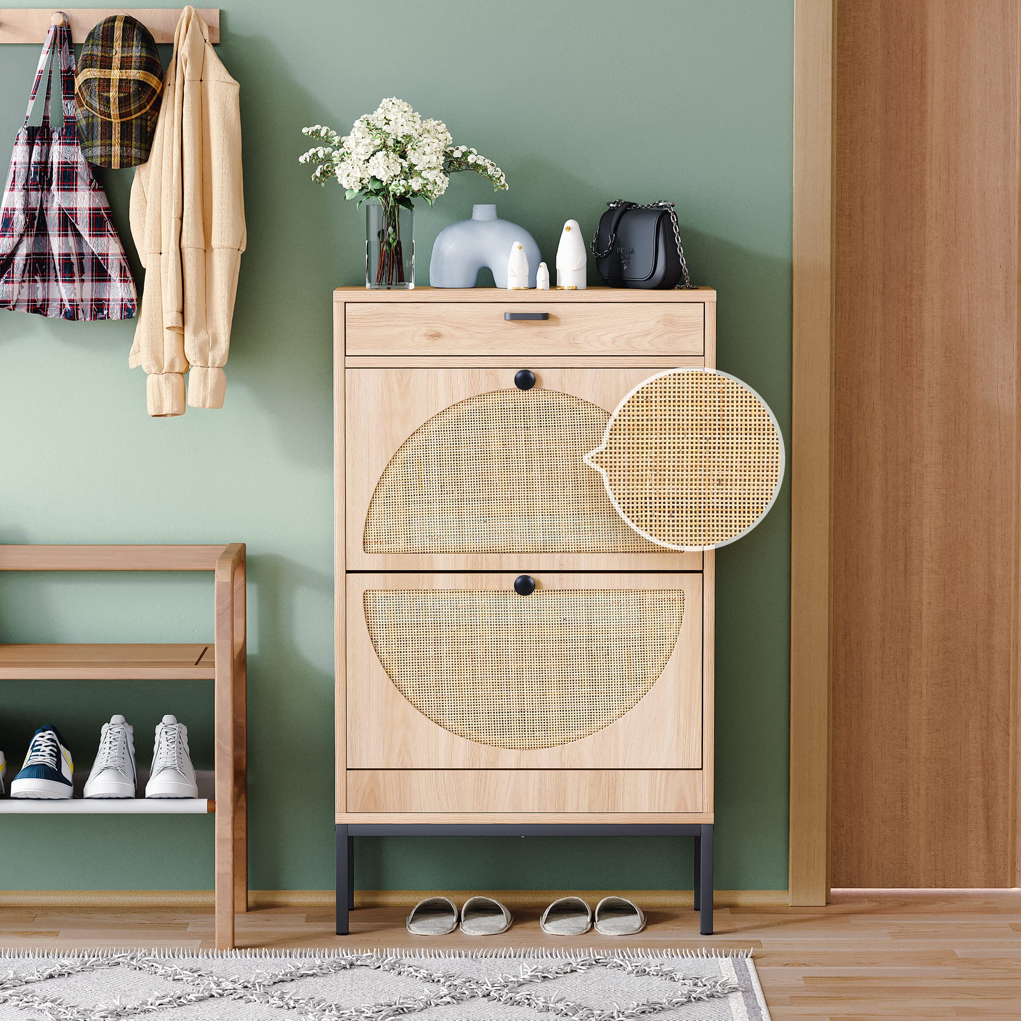 Yechen Shoe Rack Storage Organizer with 2 Natural Semi-Circular Rattan Doors, Entryway Wooden Shoe Cabinet for Sneakers, Leather Shoes, Heels, Slippers (Black)