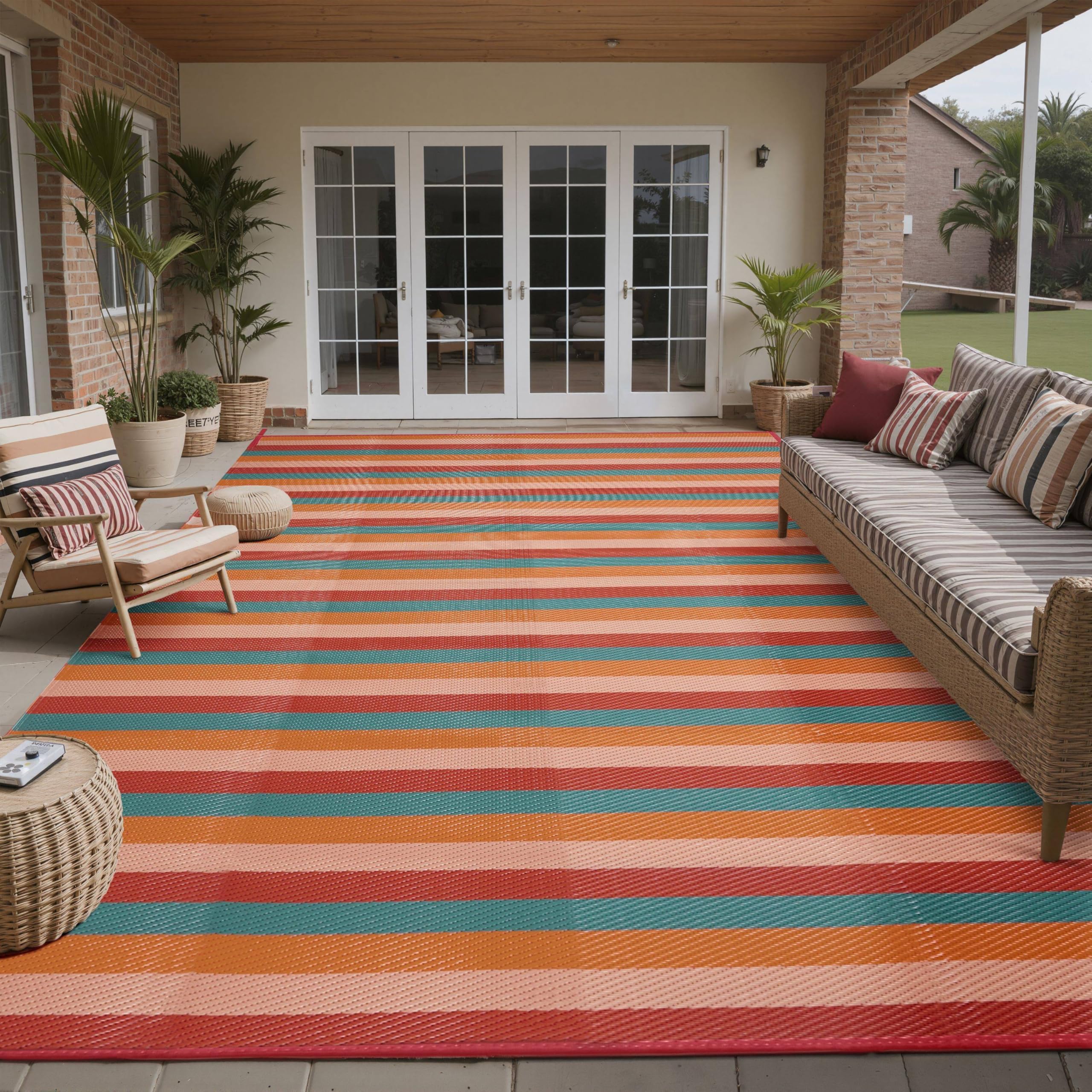 PureCozy Outdoor Plastic Straw Rug Black Beige Large Outside Waterproof Outdoor Patio 5x8 Carpet Geometric Reversible Mat Modern for Camping RV Porch Deck Balcony Beach