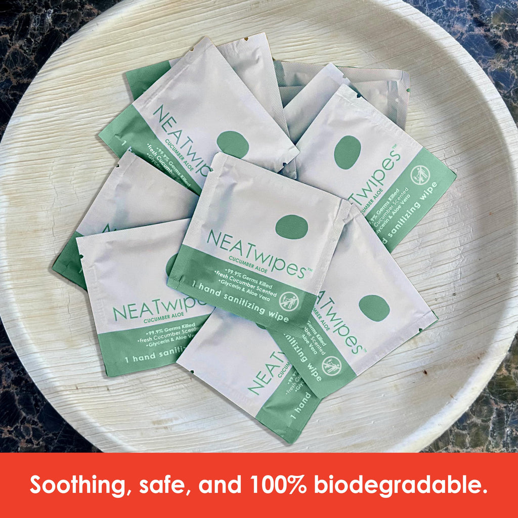 NEATwipes Hand Sanitizing Wipes | Travel Size | Disposable Wet Wipe & Biodegradable | Fresh Citrus Essential Oil | Soothing Aloe Vera | 24 Individually Wrapped Wipes