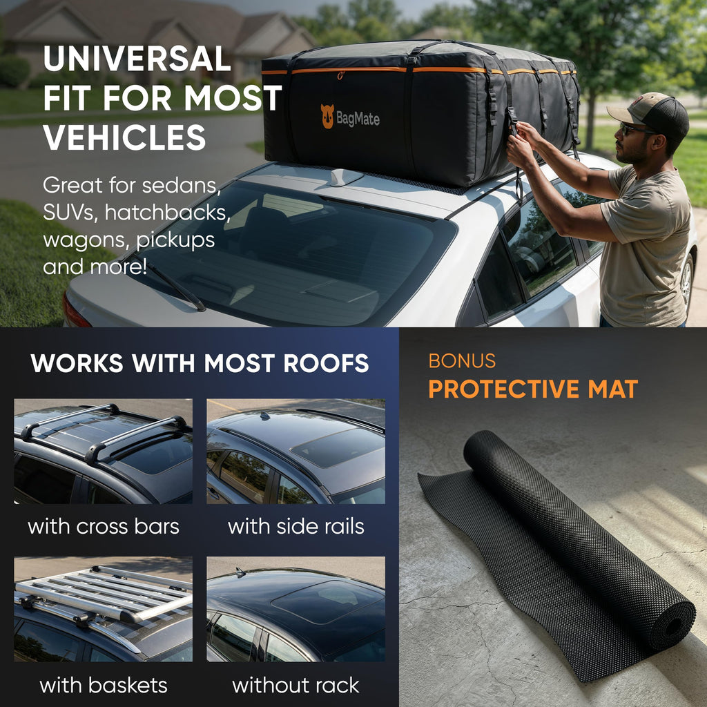 19 Cubic Feet Roof Bag – Safety Tested Heavy-Duty Waterproof Rooftop Cargo Carrier for All Cars & SUVs (with or Without Rack) – Includes Protective Mat & Storage Bag – Military-Grade 840D PVC
