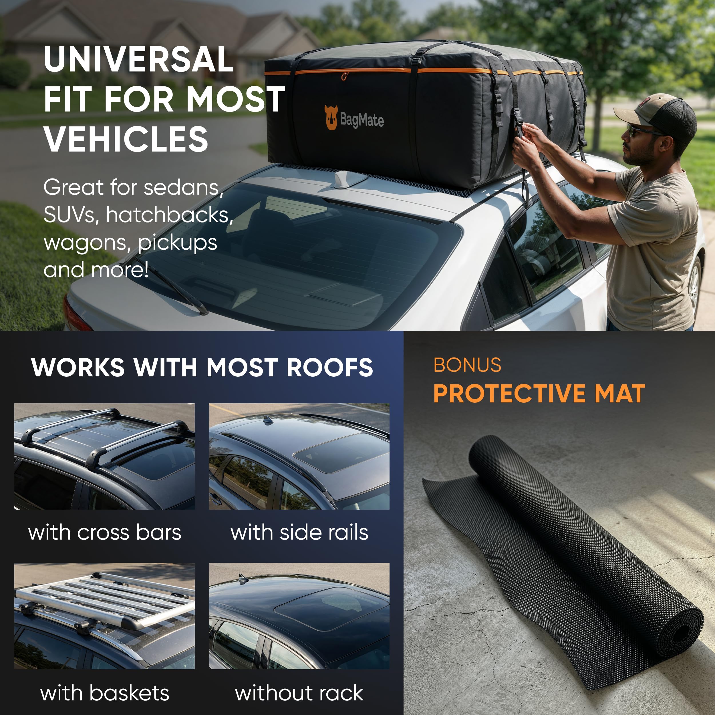 19 Cubic Feet Roof Bag – Safety Tested Heavy-Duty Waterproof Rooftop Cargo Carrier for All Cars & SUVs (with or Without Rack) – Includes Protective Mat & Storage Bag – Military-Grade 840D PVC