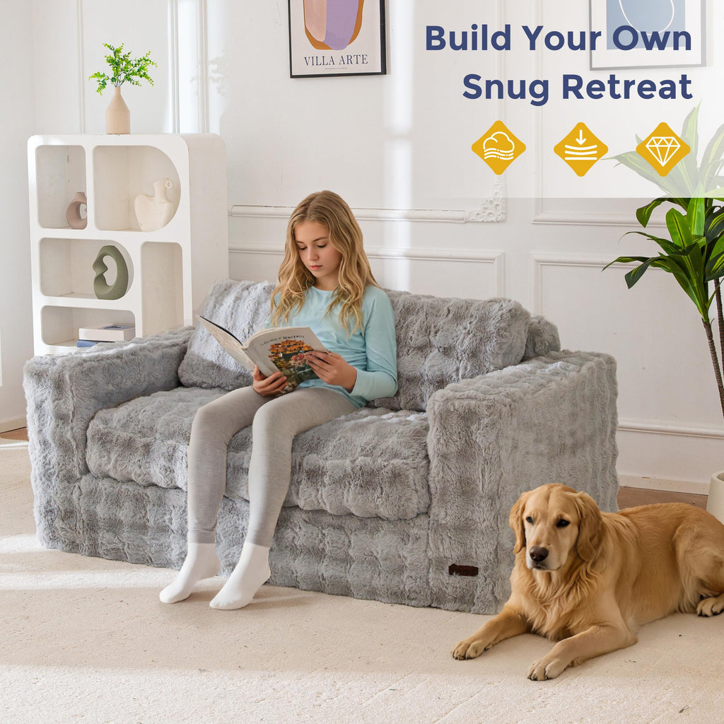 MAXYOYO 3 Seater Sofa Couch for Living Room, Tufted Boneless Couch Sofa Couch, Comfy Bubbled Bean Bag Chair for Apartment, No Assembly Needed, Beige