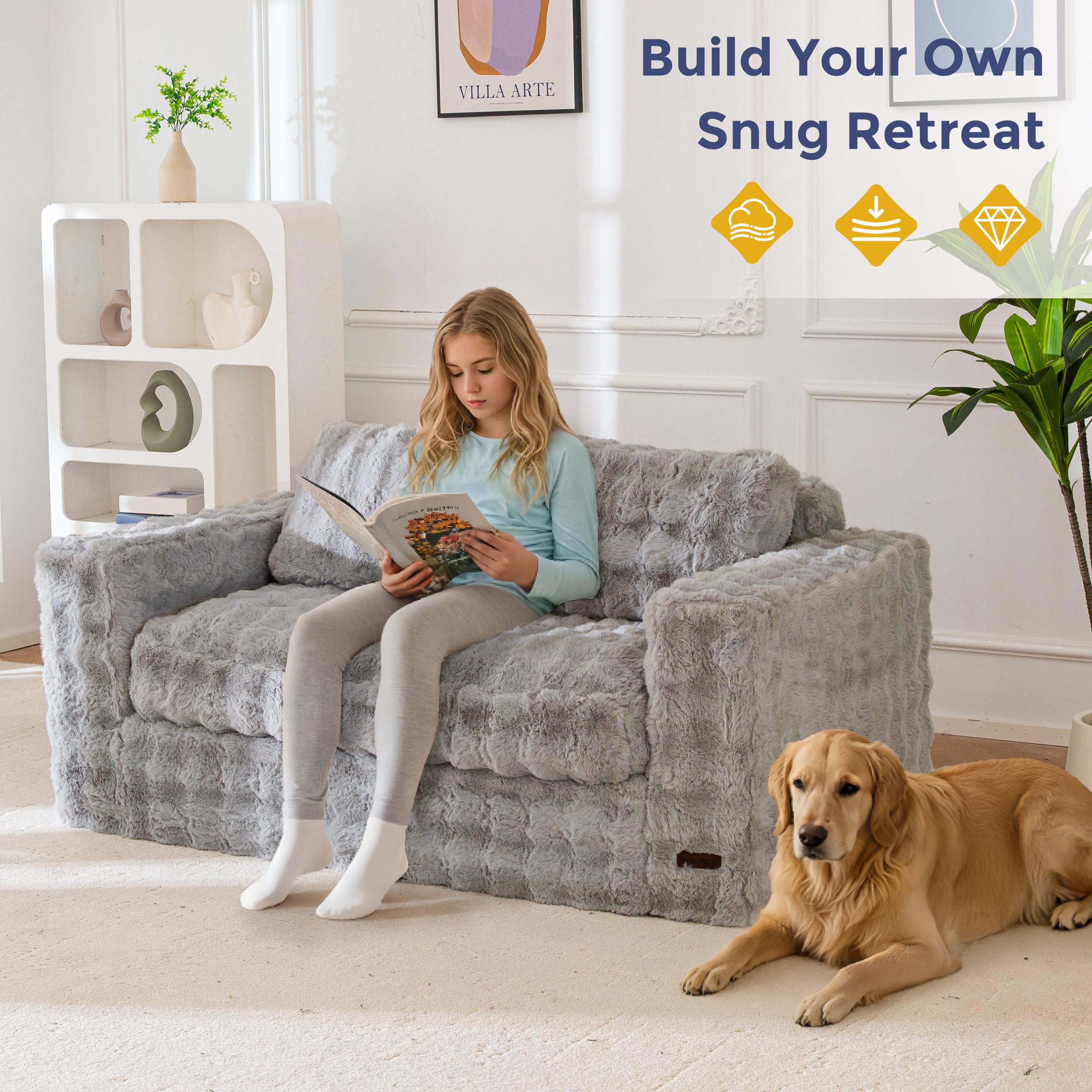MAXYOYO 3 Seater Sofa Couch for Living Room, Tufted Boneless Couch Sofa Couch, Comfy Bubbled Bean Bag Chair for Apartment, No Assembly Needed, Beige