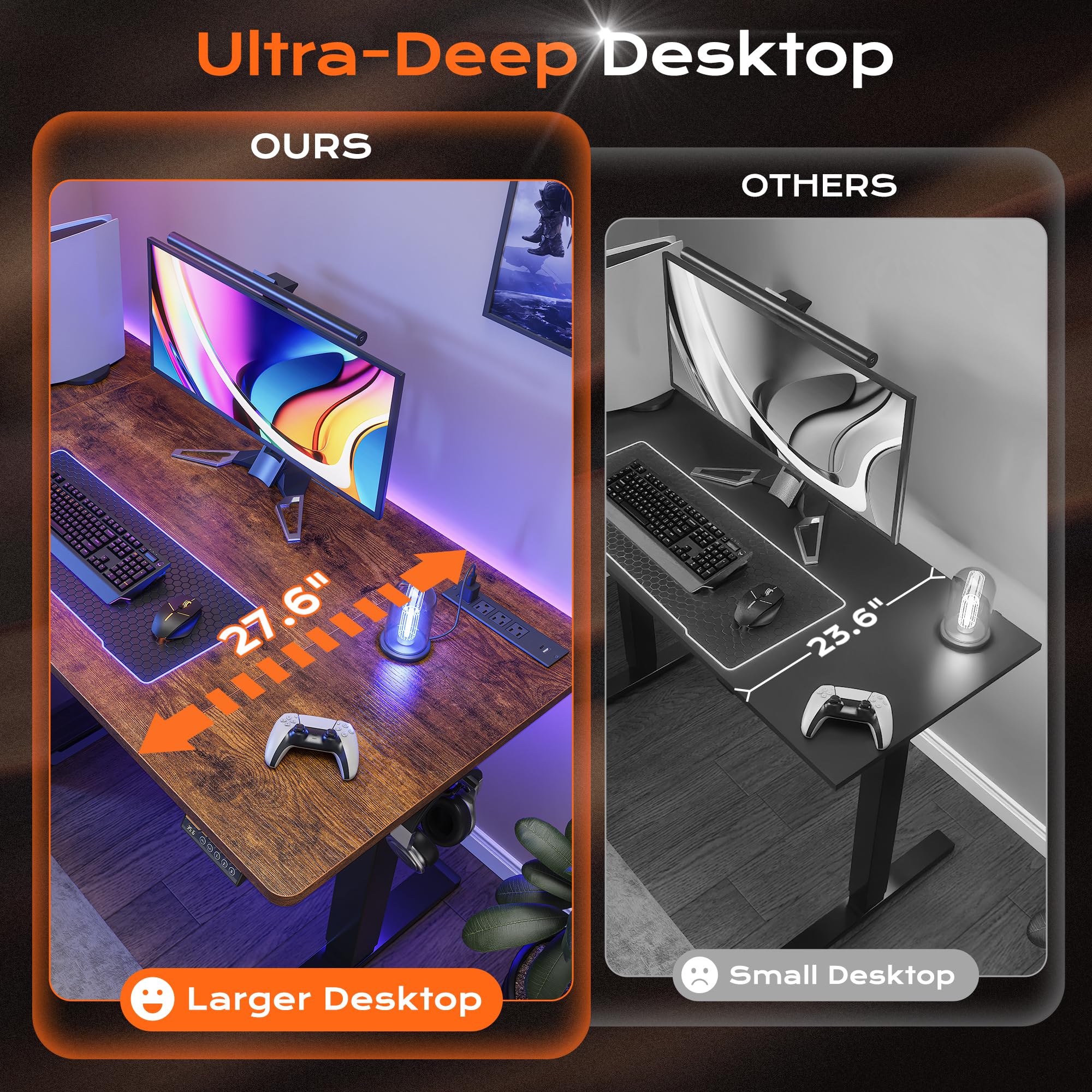 Huuger 48 x 28 Large Electric Standing Desk, Height Adjustable Desk, 27.6" Deep Desktop, Stand up Gaming, 2 Hooks, 3 Preset Heights, for Home Office, Black