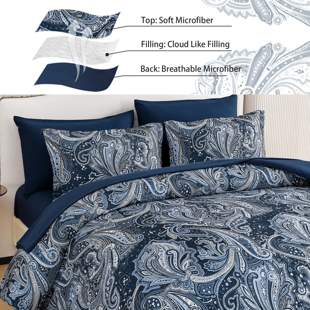DJY Black Paisley Comforter Set Full Size 7 Piece Bed in a Bag Black and Grey Boho Paisley Pattern Comforter Set Soft Lightweight Microfiber Reversible Bedding Set for All Season