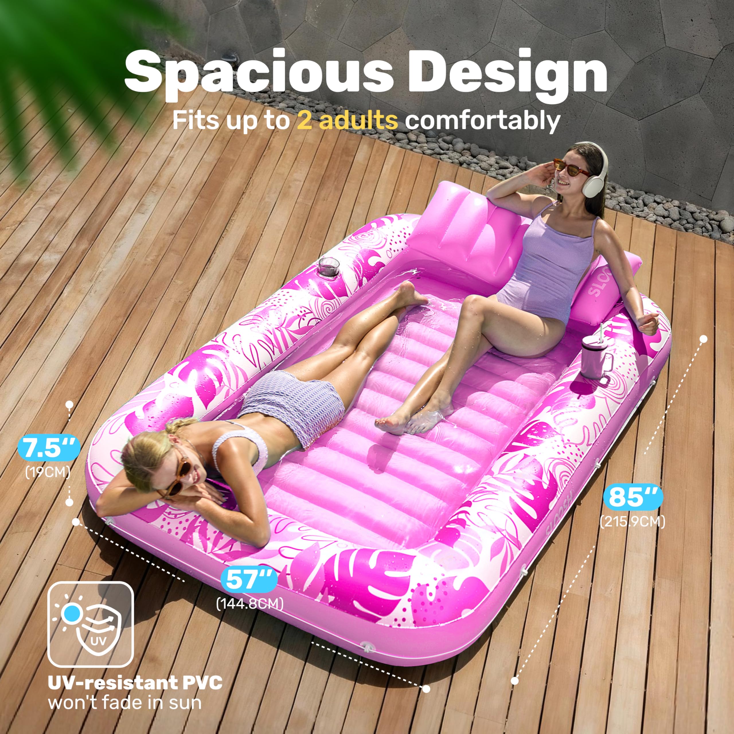 SLOOSH Inflatable Tanning Pool Lounger Float, 85" x 57" Extra Large Pool Floats Adult with Pillow, 4 in 1 Suntan Tub Raft Floatie,Sunbathing Bed Lounge for Water Blow Up Ball Pit Party Gifts, XL-Blue