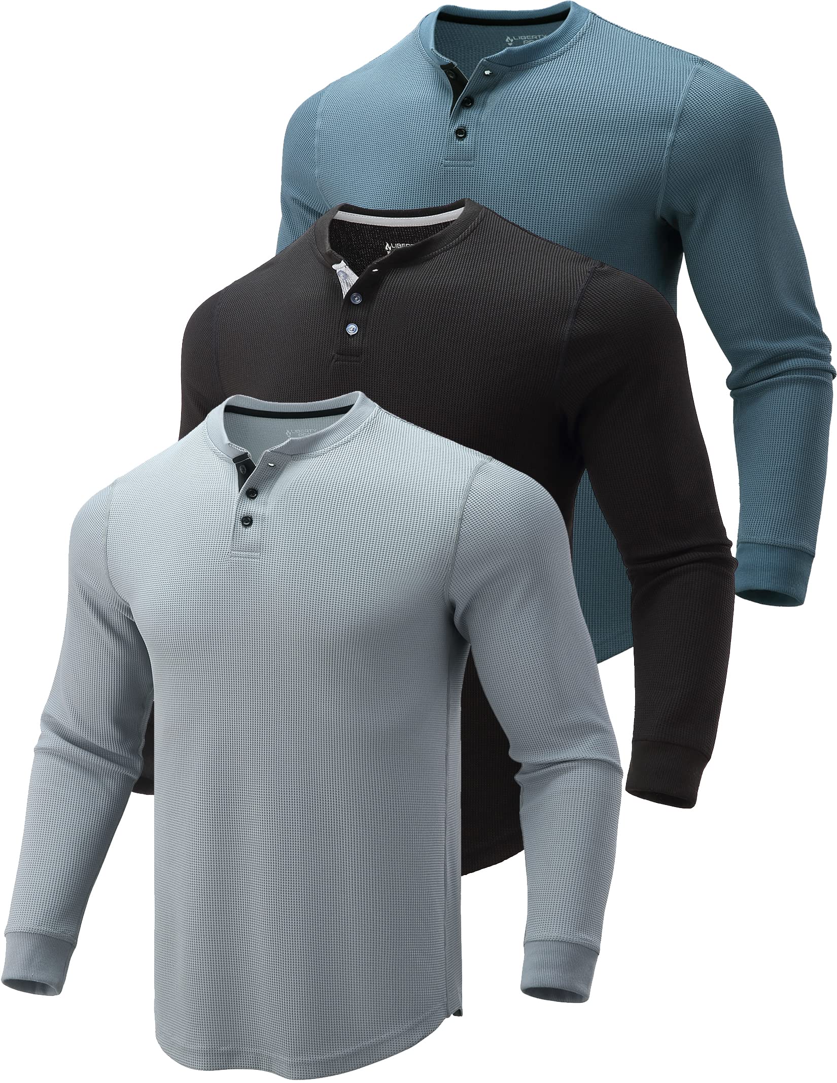 Liberty Pro 3 Pack Mens Waffle Henley Thermal Long Sleeve Shirts, Casual Fitted Fall Shirts for Men