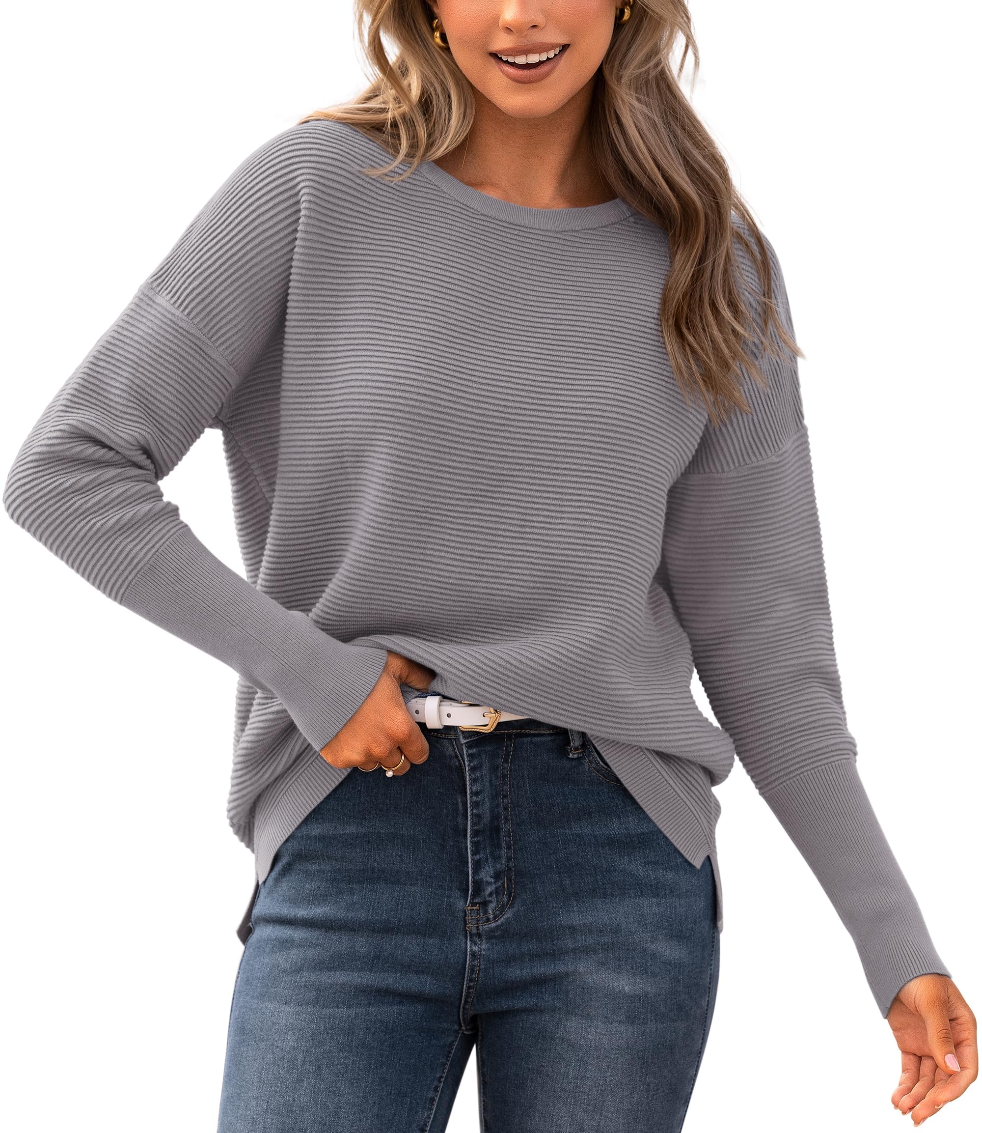 BTFBM Fall Sweaters for Women 2026 Casual Long Sleeve Sweater Striped Loose Fit Pullover Tops