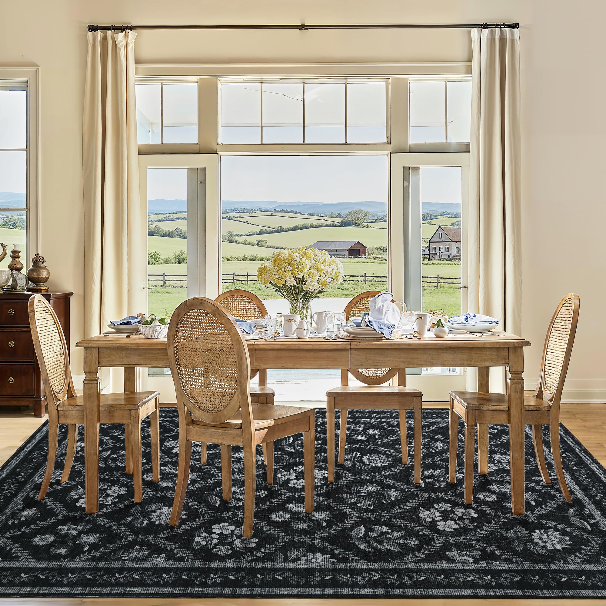 Black Floral Area Rug for Entryway 2x3 Washable Small Rug Low Pile Non Slip Distressed Entry Mat Soft Farmhouse Indoor Entrance Door Mat for Kitchen Bedroom Home Office Black Grey and White