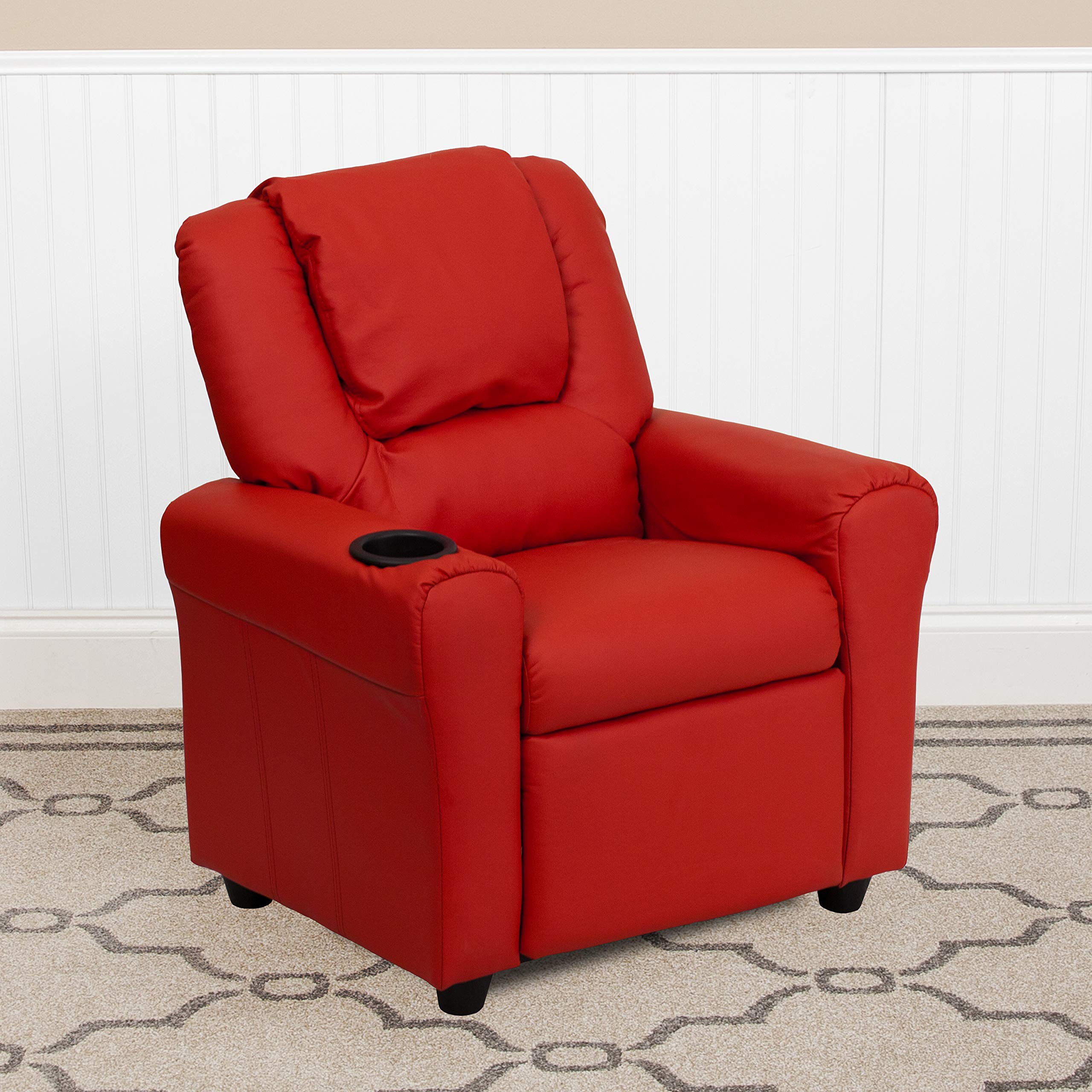 Flash Furniture Vana Vinyl Kids Recliner with Cup Holder, Headrest, and Safety Recline, Contemporary Reclining Chair for Kids, Supports up to 90 lbs., Beige