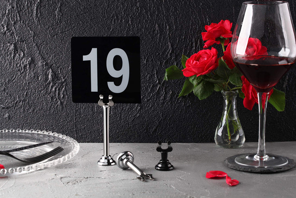 New Star Foodservice 23145 Double Side Plastic Table Numbers, 1 to 25, 4" x 4", Light Grey on Black