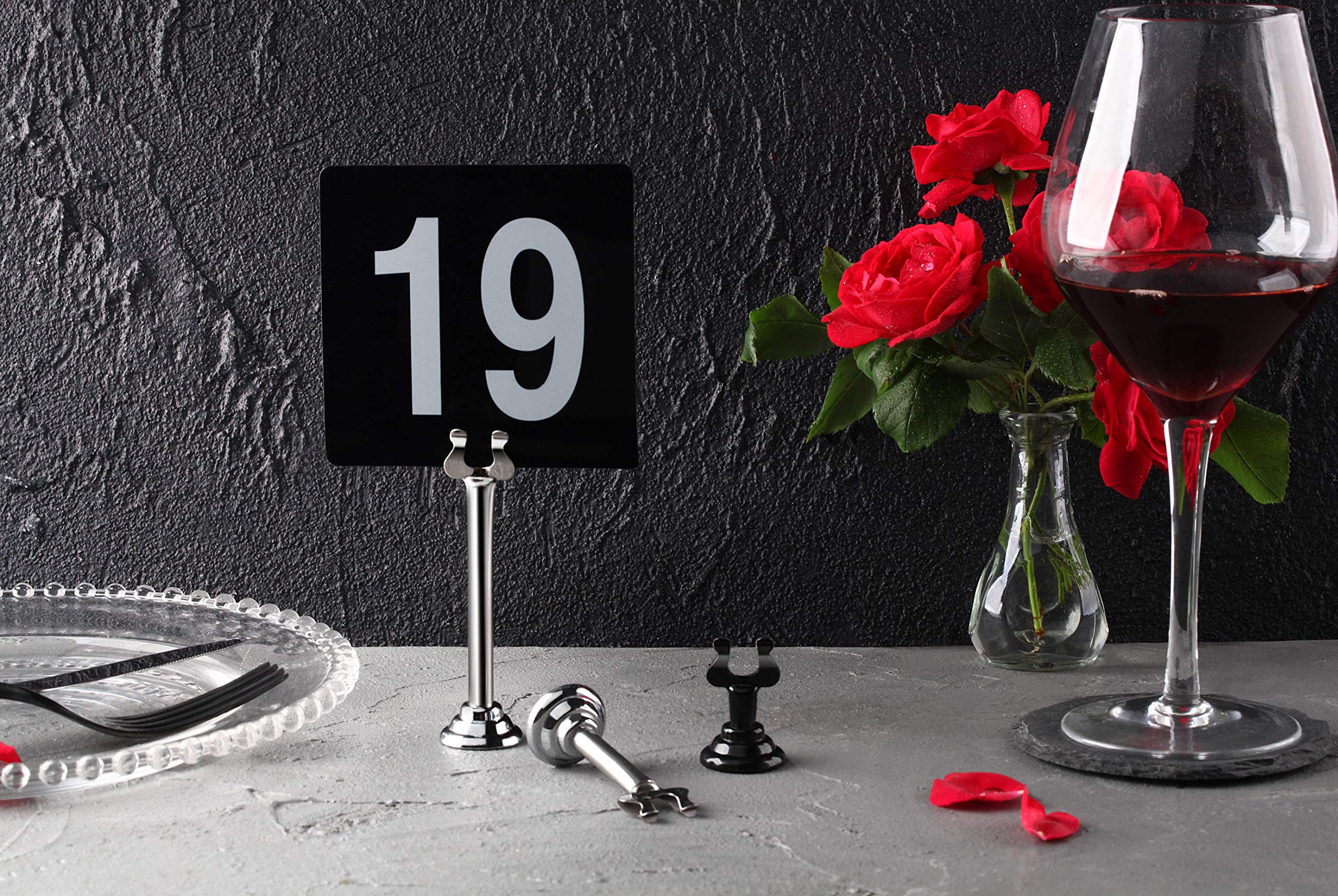 New Star Foodservice 23145 Double Side Plastic Table Numbers, 1 to 25, 4" x 4", Light Grey on Black
