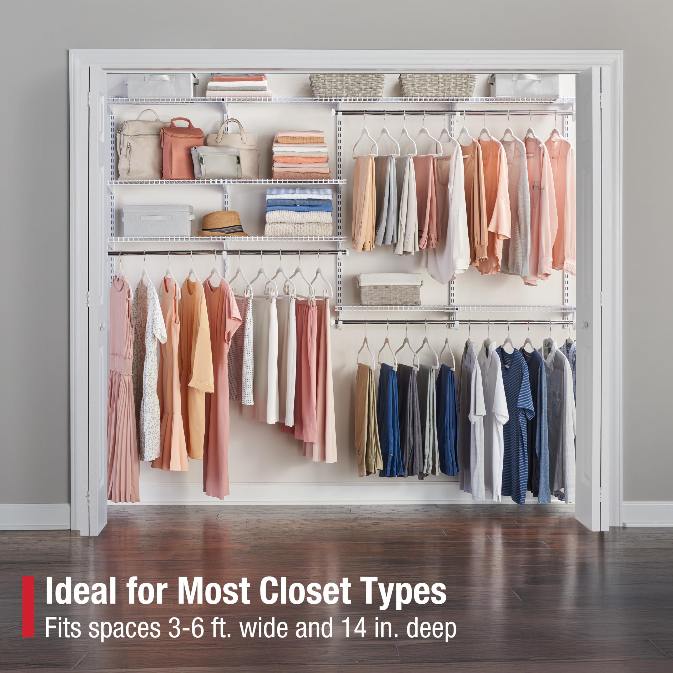 Rubbermaid Configurations Deluxe Custom Closet Kit, 3-6 Ft. Adjustable Metal Wire Shelving, Titanium Finish, Expandable Organization System, Hardware Included, for Home Closet/Pantry/Laundry/Mudroom