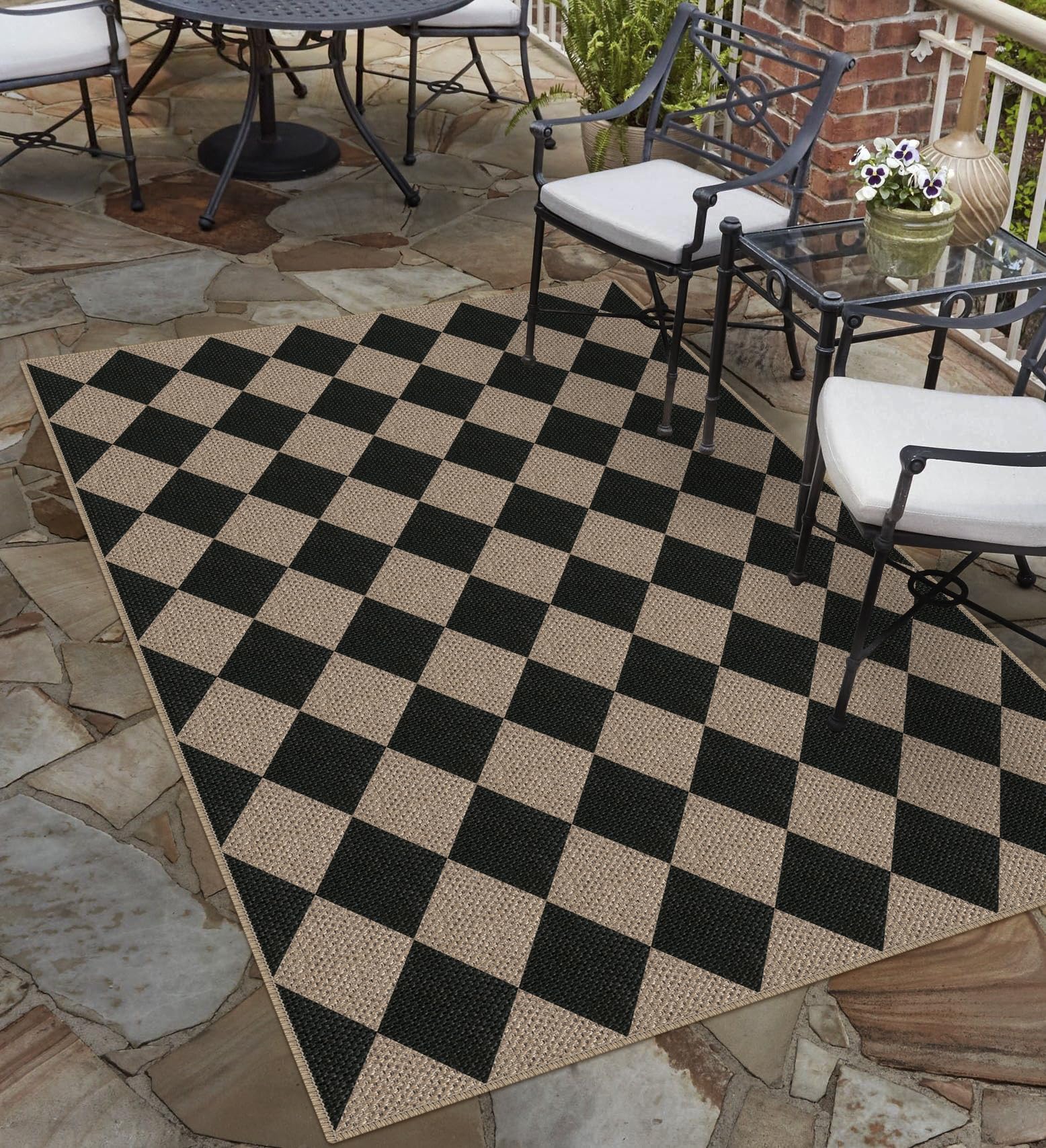 Rugalia Easy Jute Checkered Entryway Rug, 2x3 Black Modern Indoor Outdoor Doormat, Washable Non-Slip Neutral Small Kitchen Rug Farmhouse Diamond Throw Rugs for Entrance Bedroom Bathroom