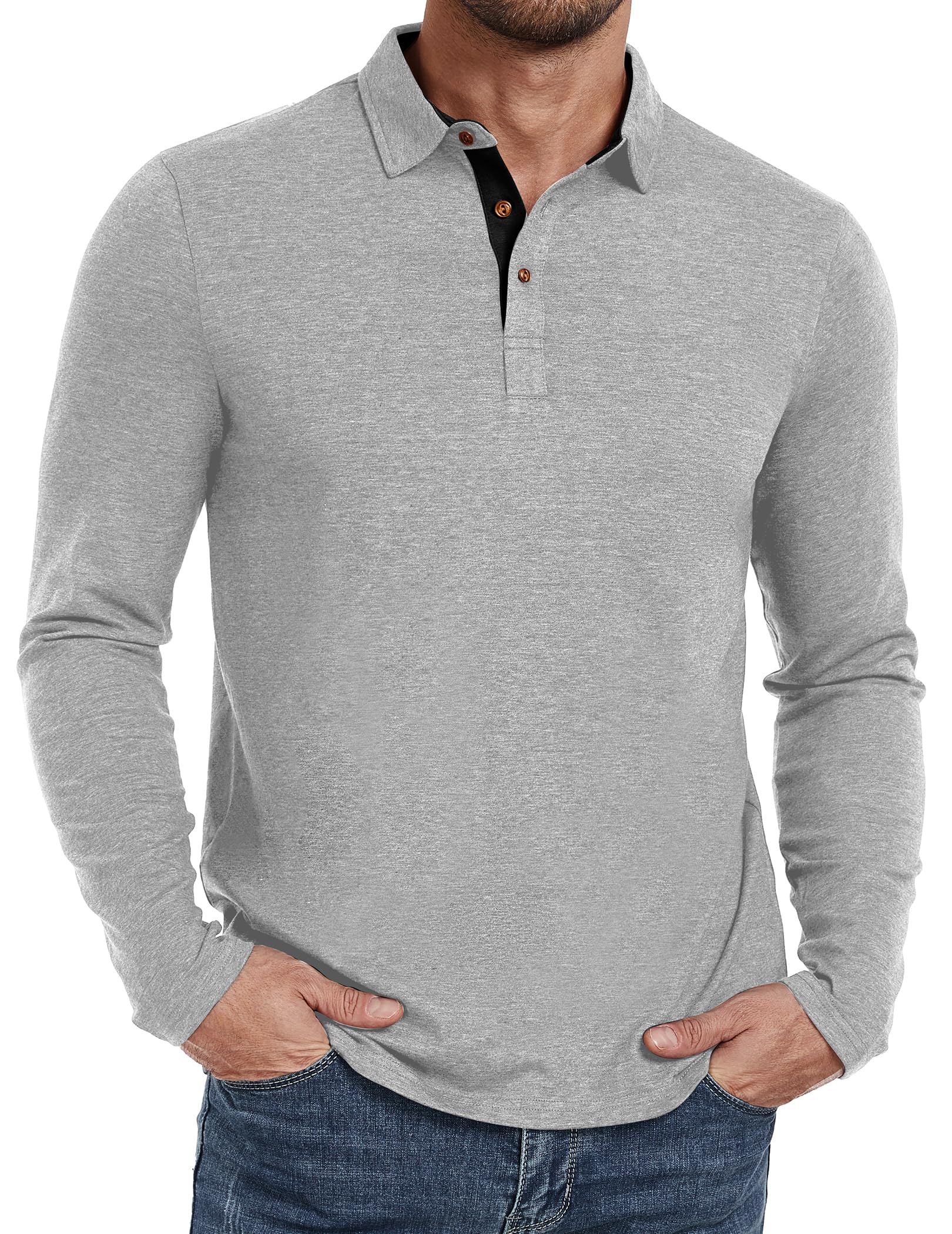 PEGENO Mens Polo Short/Long Sleeve Shirt Classic Button Basic Solid Color Designed Collared Polo Shirt Fashion Casual Shirts
