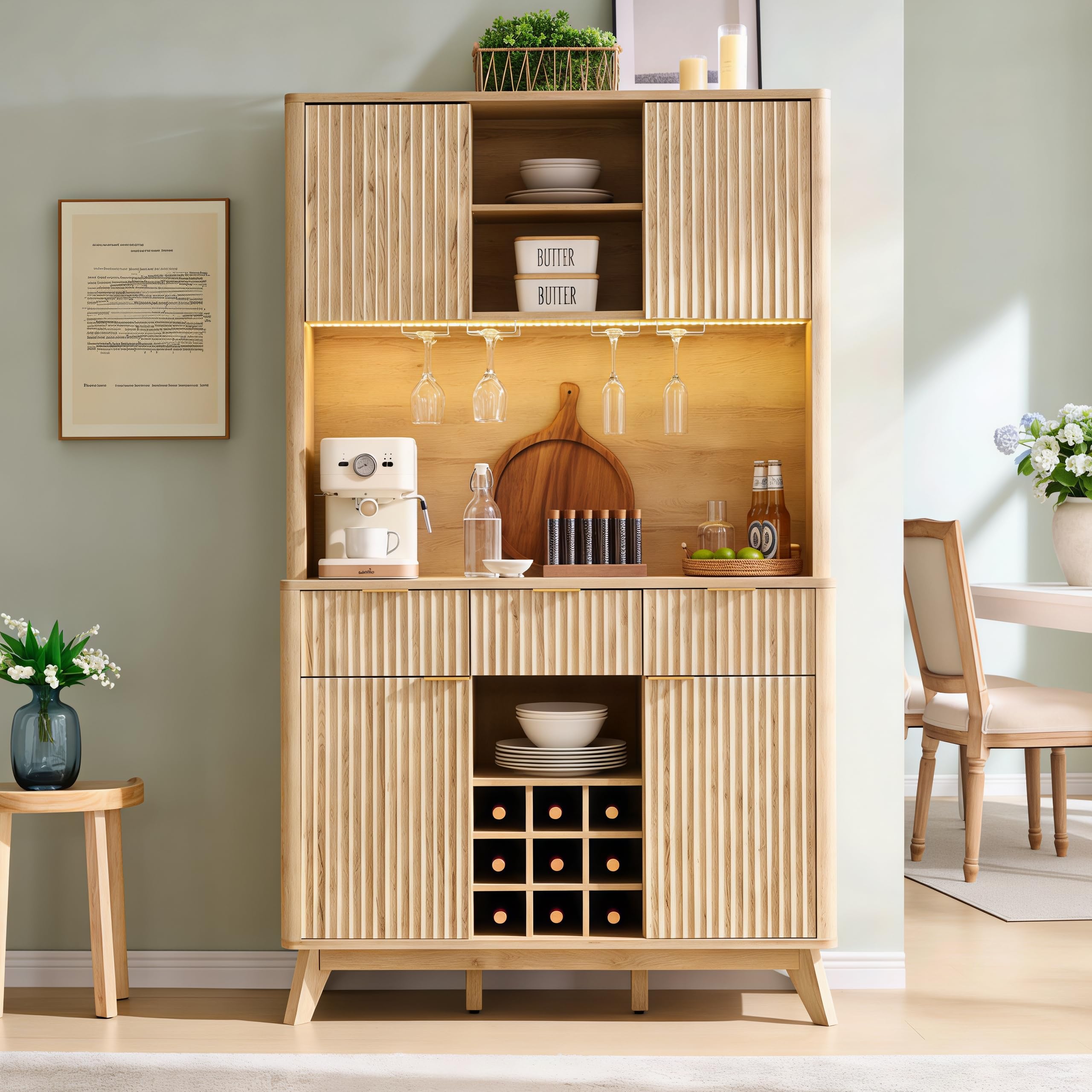 OKD 72" Tall Fluted Coffee Bar Cabinet with Ample Storage, Modern Buffet Sideboard with Glass Holder/Wine Rack/Led Lights/Charging Station, Wine Cabinet for Kitchen, Dining Room, Home Bar, Dark Walnut