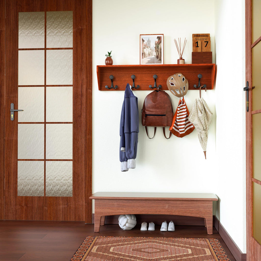 SKOLOO Wall Shelf with Hooks, 24-Inch Cherry Coat Rack Wall Mount with Shelf Organizer - Heavy Duty, 4 Tri Hooks - Perfect for Entryway, Hallway, Living Room, Bedroom, Mudroom