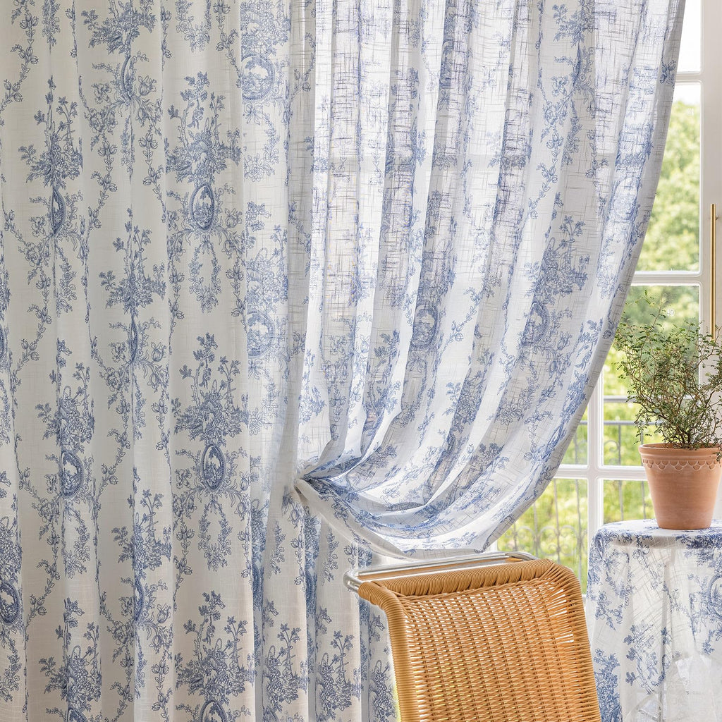 SUOUO Blue Leaf Semi Sheer White Curtains for Bedroom Dining Living Room Linen Textured 84 inches Long Rod Pocket Boho Window Drapes 2 Panels