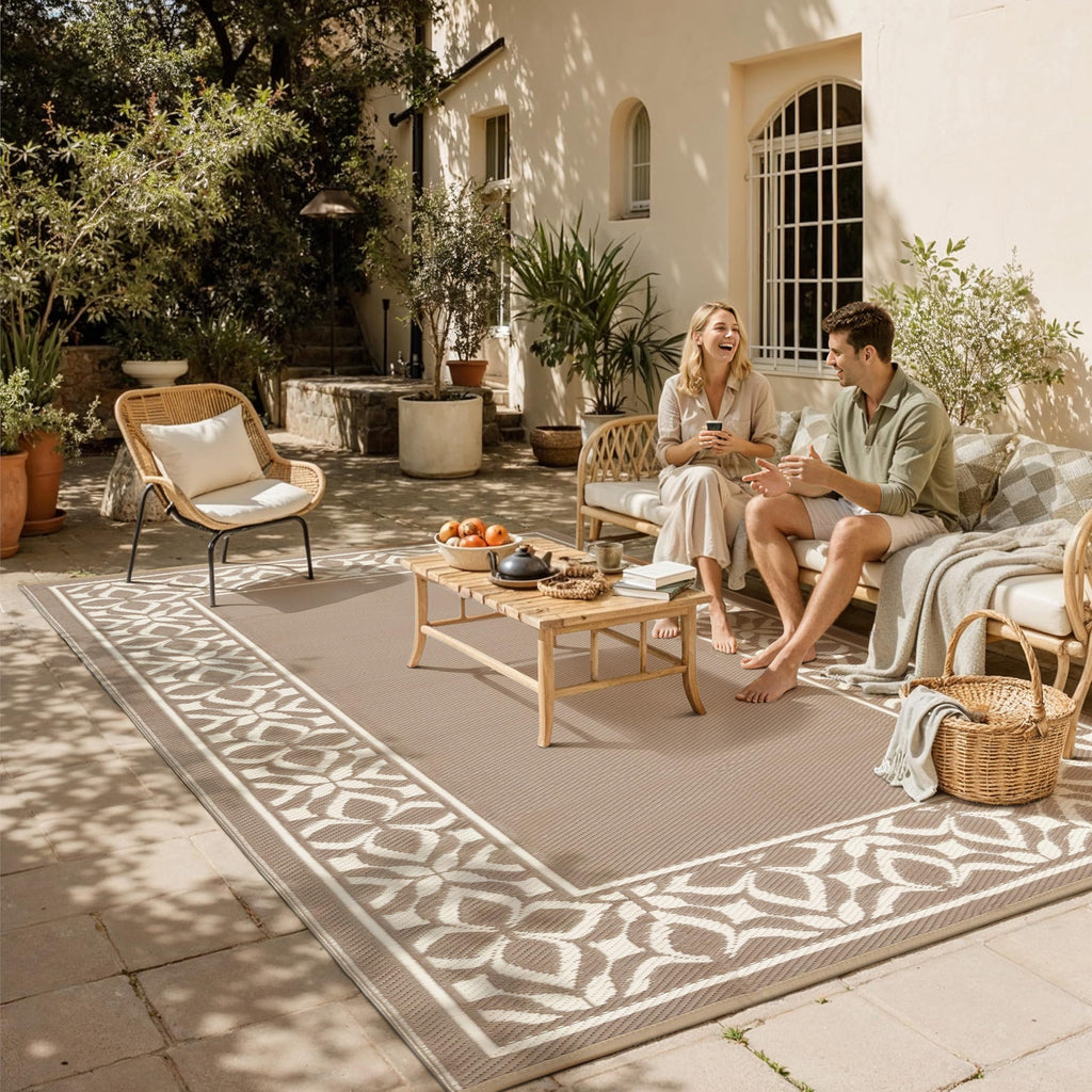 PureCozy Outdoor Plastic Straw Rug Black Beige Large Outside Waterproof Outdoor Patio 5x8 Carpet Geometric Reversible Mat Modern for Camping RV Porch Deck Balcony Beach