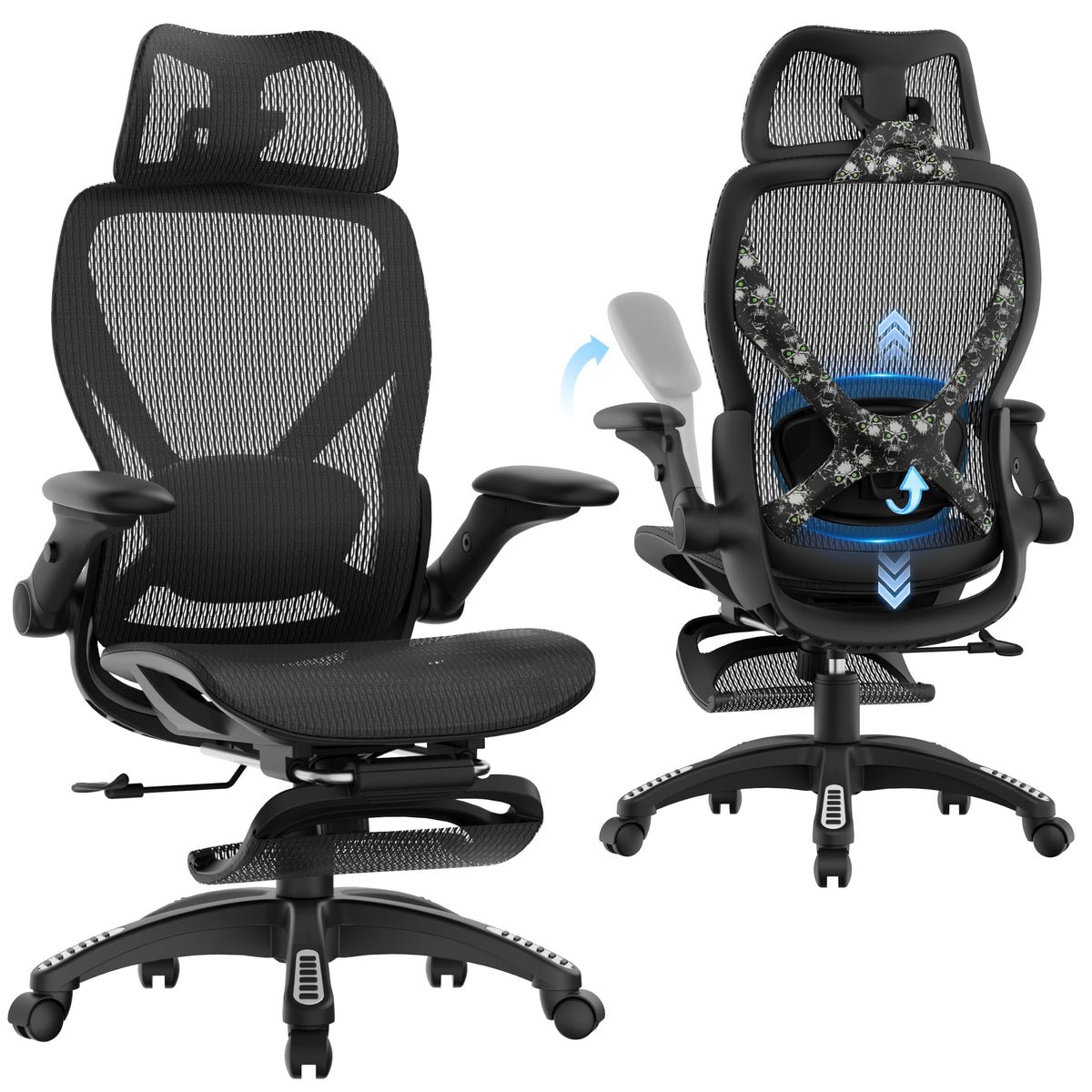 ELABEST X100 Ergonomic Office Chair with Footrest, Big and Tall Home Desk Chair with 5D Flip-Up Arms, Adjustable 3D Lumbar Support,High Back Rolling Computer Chair, Swivel Mesh Chairs (Coffee Break)