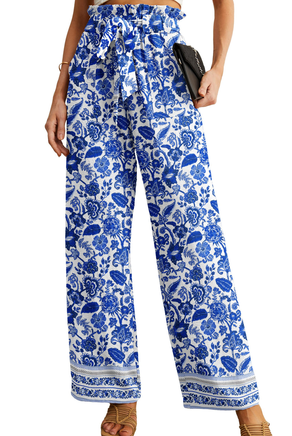 IWOLLENCE Women High Waist Palazzo Pants, Adjustable Knot Ankle Wide Leg Trousers Pockets Beach Vacation Lounge Office