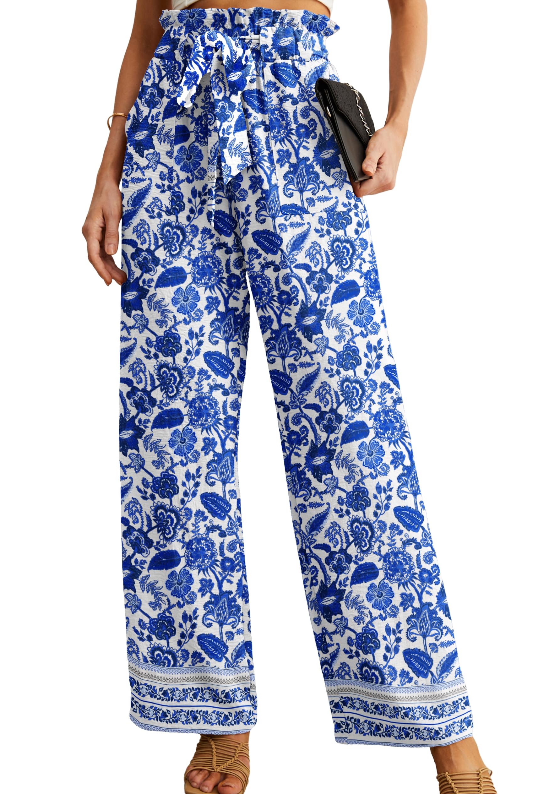 IWOLLENCE Women High Waist Palazzo Pants, Adjustable Knot Ankle Wide Leg Trousers Pockets Beach Vacation Lounge Office