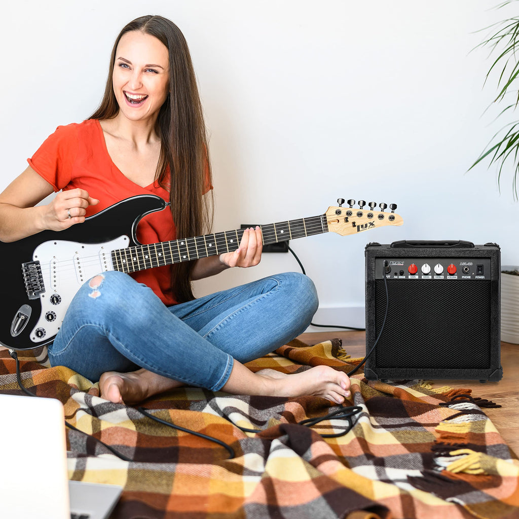 LyxPro Electric Guitar Amp 20 Watt Amplifier Built in Speaker Headphone Jack and Aux Input Includes Gain Bass Treble Volume and Grind - Black