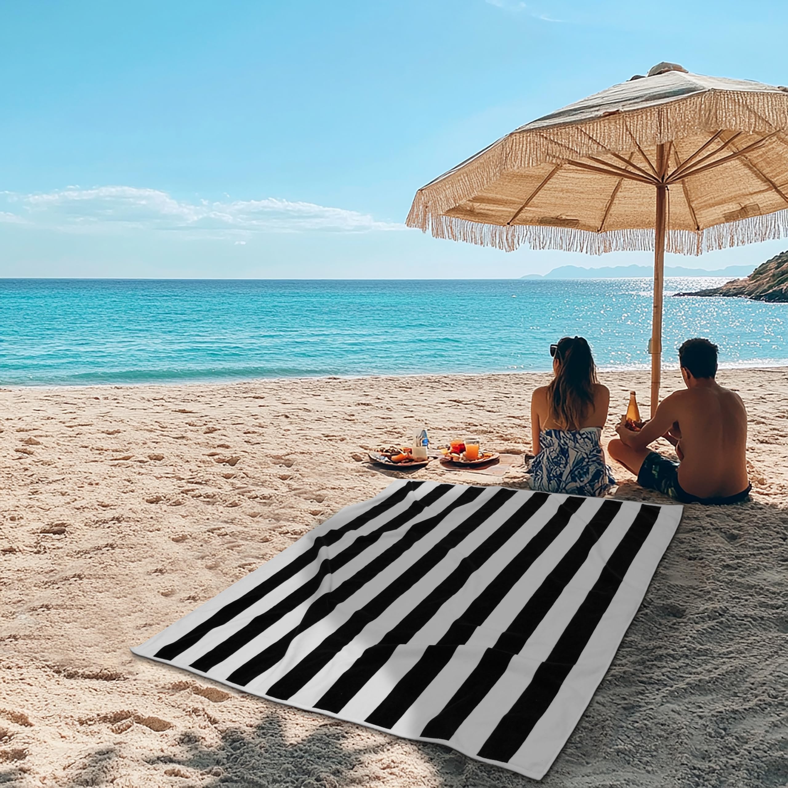 COTTON CRAFT Ombre Stripe Extra Wide Beach Towel for Two - 58x68 - Pure Cotton - Double Woven Jacquard Thick Plush Super Soft Luxurious Velour Pile - Pool Picnic Bath - 450 GSM - Blue