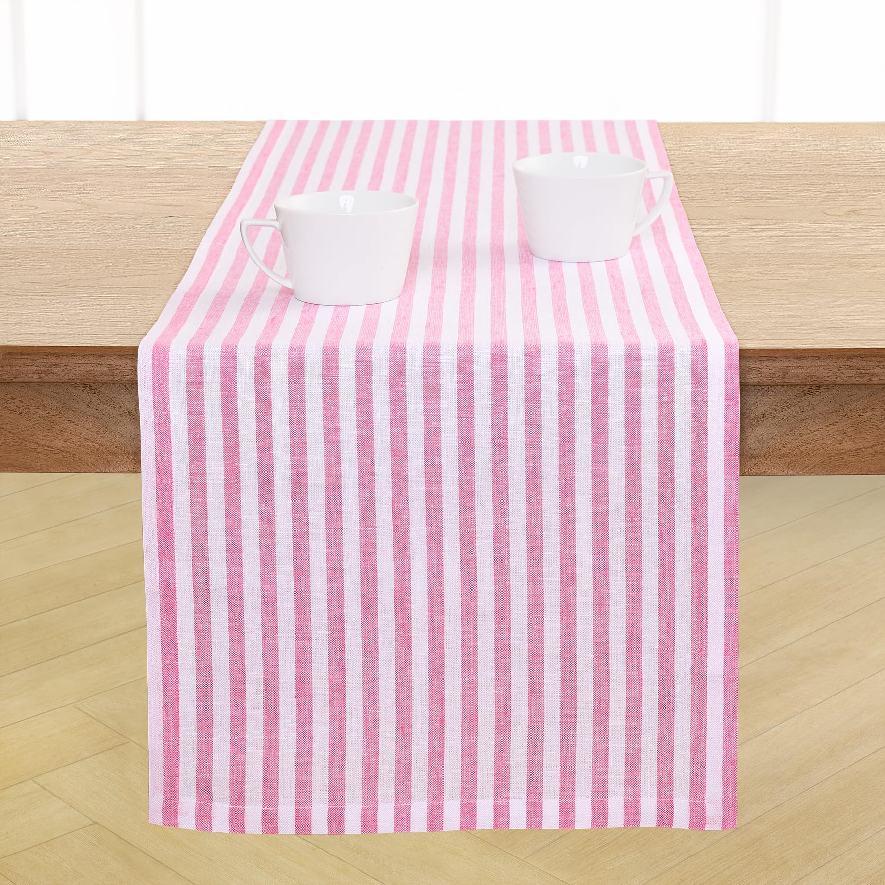Solino Home Linen Table Runner 36 Inches - Amalfi Stripe 100% Pure Linen Natural and White Table Runner 14 x 36 Inch Ideal for Dresser and Coffee Tables - Summer