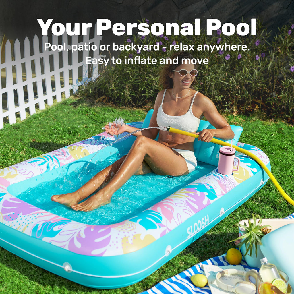 SLOOSH Inflatable Tanning Pool Lounger Float, 85" x 57" Extra Large Pool Floats Adult with Pillow, 4 in 1 Suntan Tub Raft Floatie,Sunbathing Bed Lounge for Water Blow Up Ball Pit Party Gifts, XL-Blue