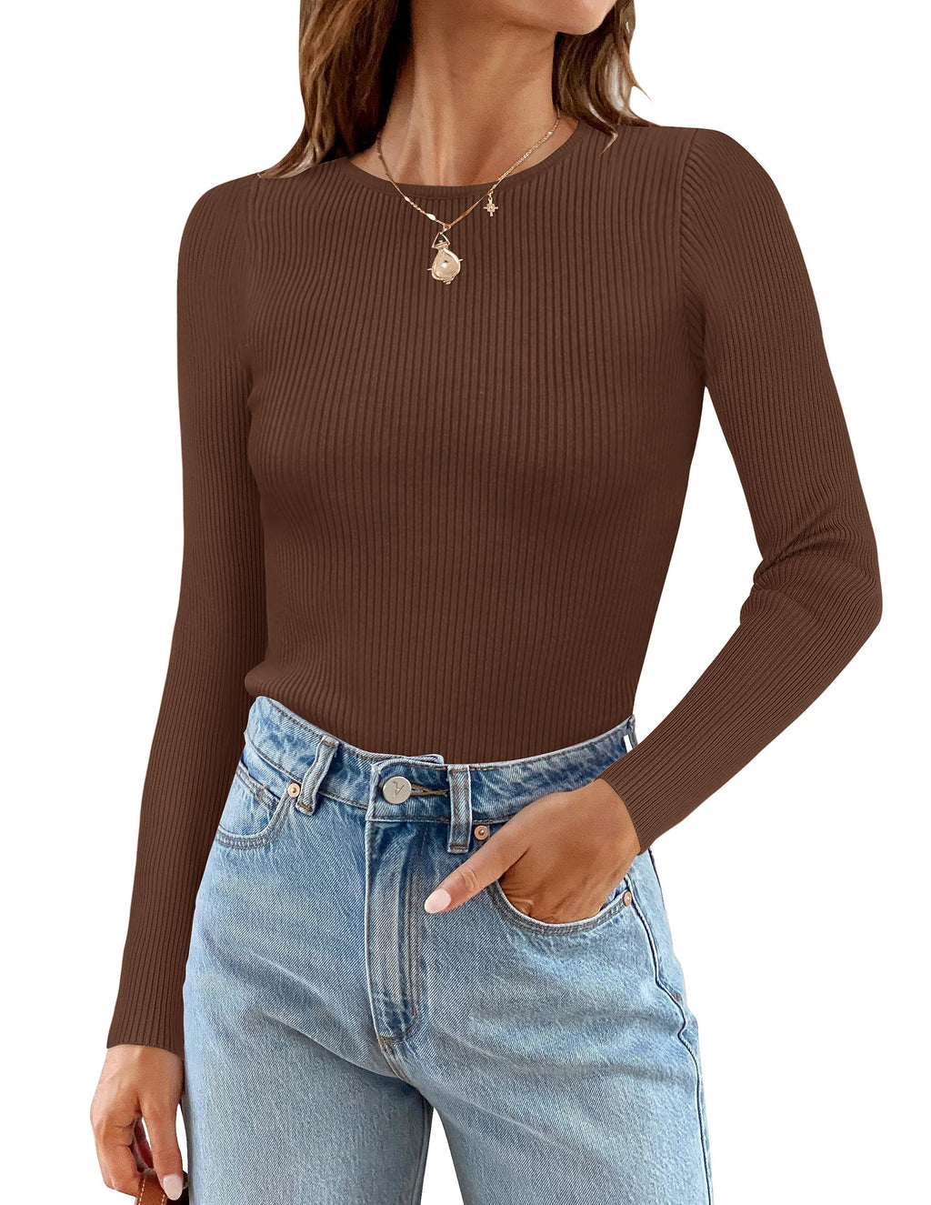 ZESICA Women's Long Sleeve Crewneck Shirts 2026 Spring Ribbed Knit Sweater Slim Fitted Casual Basic Tee Tops