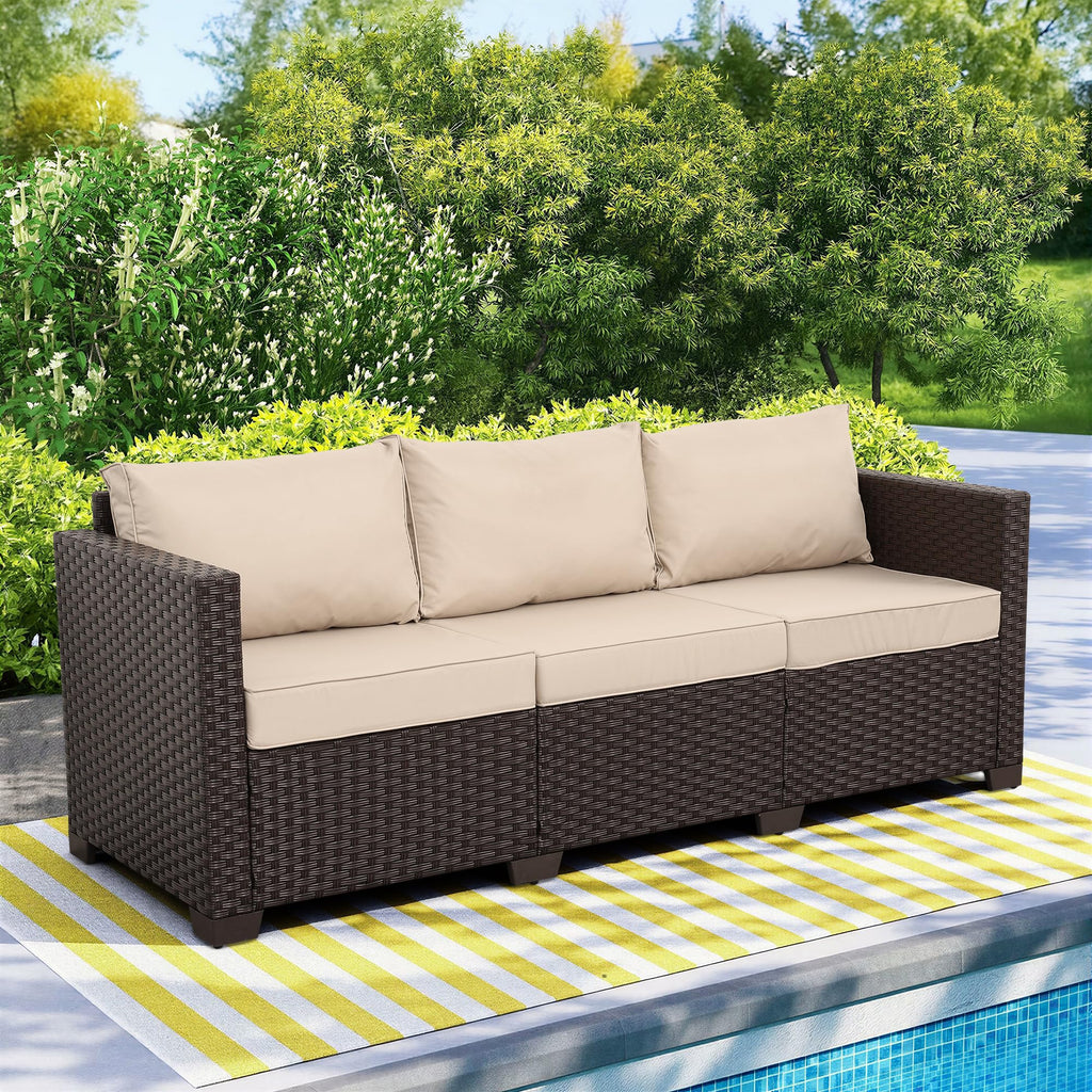 WAROOM Patio Couch PE Rattan 3-Seat Outdoor Sofa Brown Wicker Furniture Set Deep Seating with Anti-Slip Beige Cushion