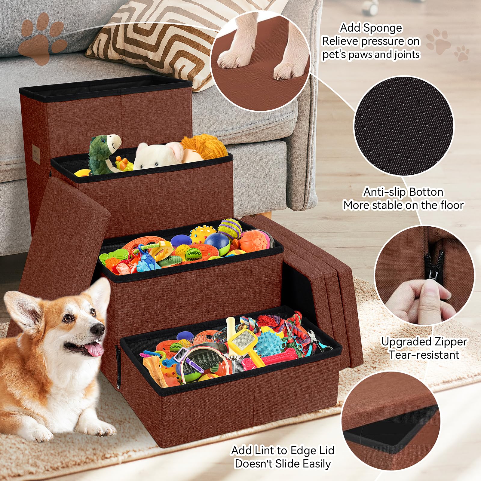 Zerbuger Dog Stairs with Condo 15" H, 2-Step Wider Dog Steps for Small/Medium/Large Old Dogs Cats, Folding Sturdy Storage Pet Stairs Climbing Bed Couch, Ramp for Car Hold Up to 150 lbs, Beige