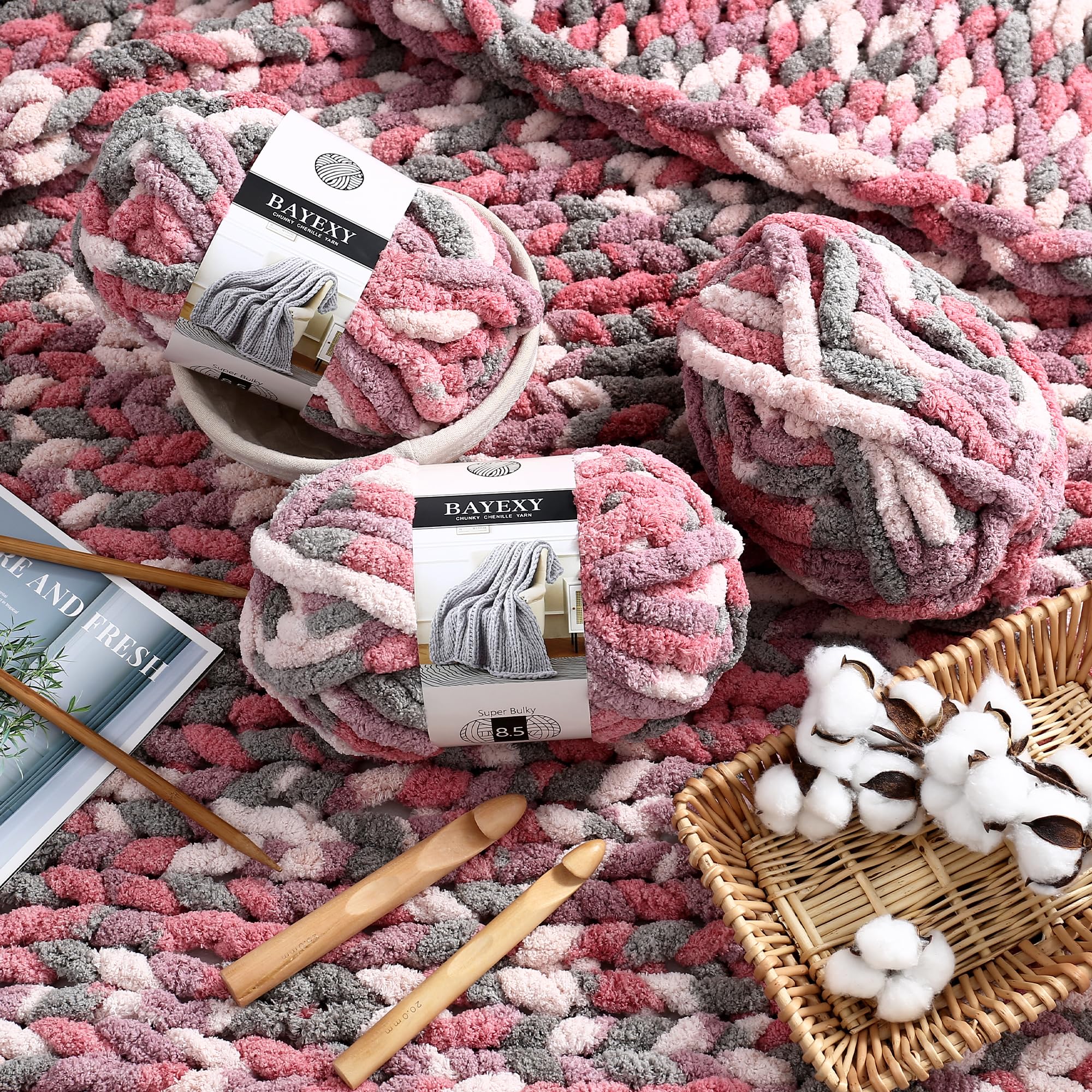 Chunky Chenille Yarn for Hand Knitting 8 Jumbo Pack Jumbo Chunky Yarn for Hand Soft Blanket Knitting, Bulky Thick Fluffy Yarn for Crocheting (Black)