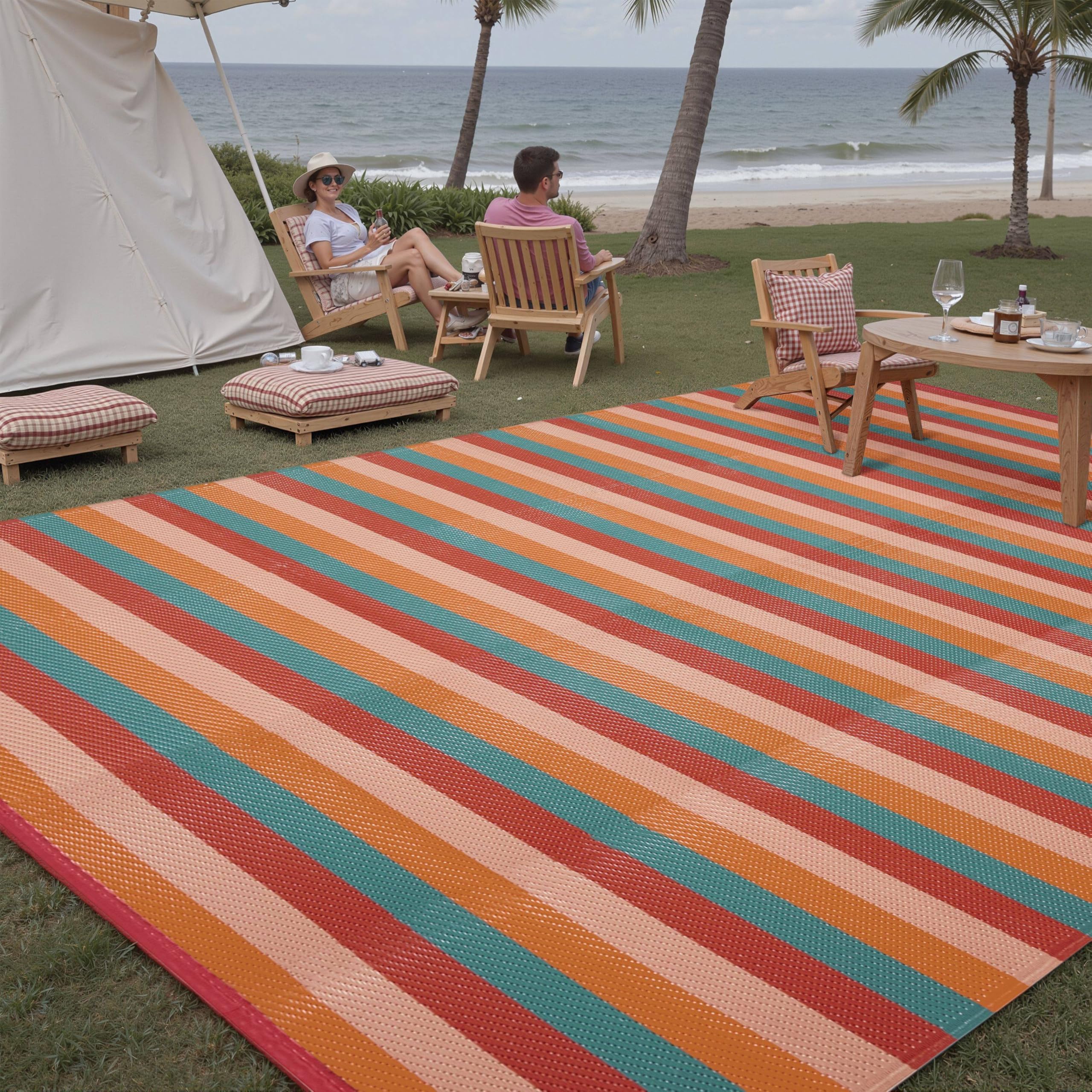 PureCozy Outdoor Plastic Straw Rug Black Beige Large Outside Waterproof Outdoor Patio 5x8 Carpet Geometric Reversible Mat Modern for Camping RV Porch Deck Balcony Beach