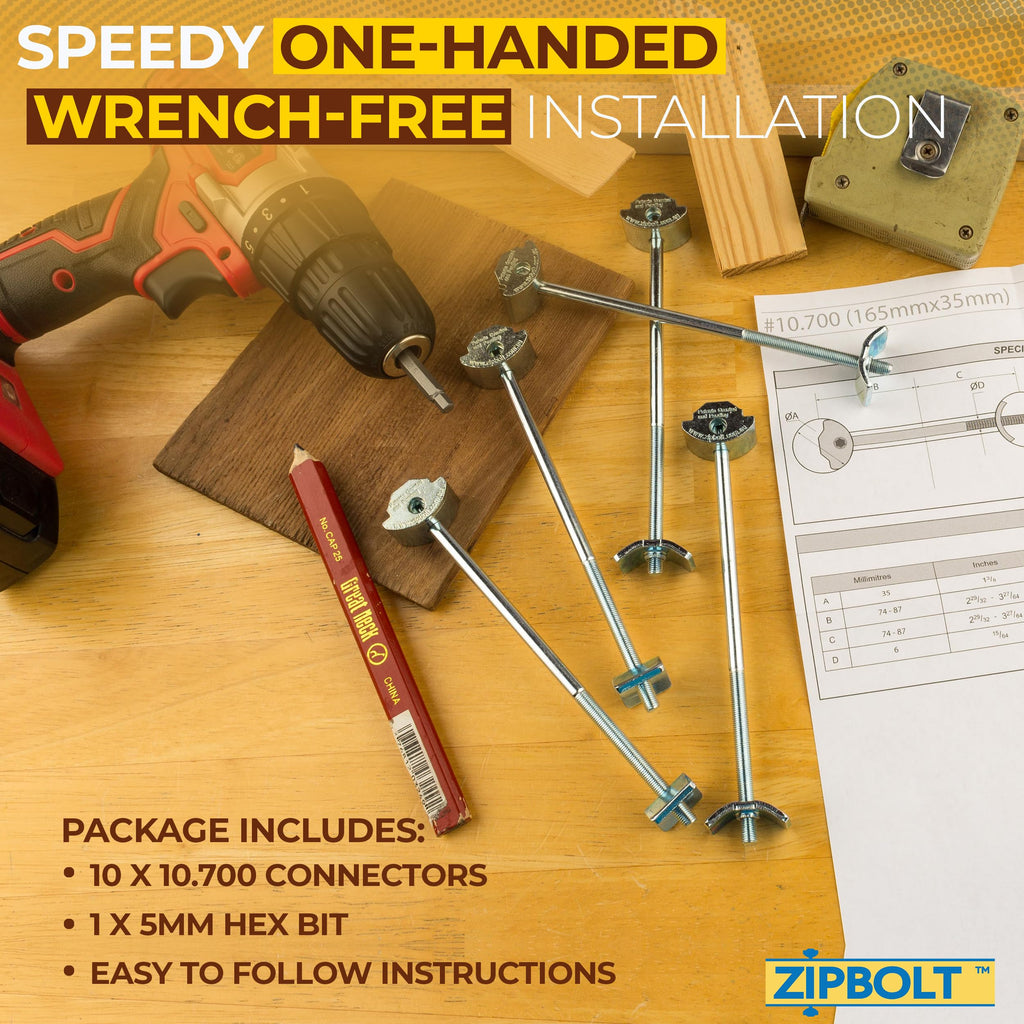 Zipbolt 10.800 Countertop Miter Connector — 20 Piece Joint Fastener Drawbolt Pack with 5mm Hex Bit for Joining Countertops, Butcher Blocks, Furniture, and More - Single-Handed Tightening