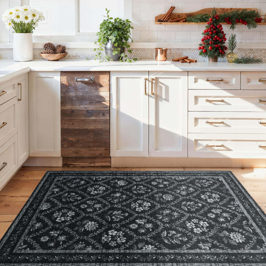 Black Floral Area Rug for Entryway 2x3 Washable Small Rug Low Pile Non Slip Distressed Entry Mat Soft Farmhouse Indoor Entrance Door Mat for Kitchen Bedroom Home Office Black Grey and White