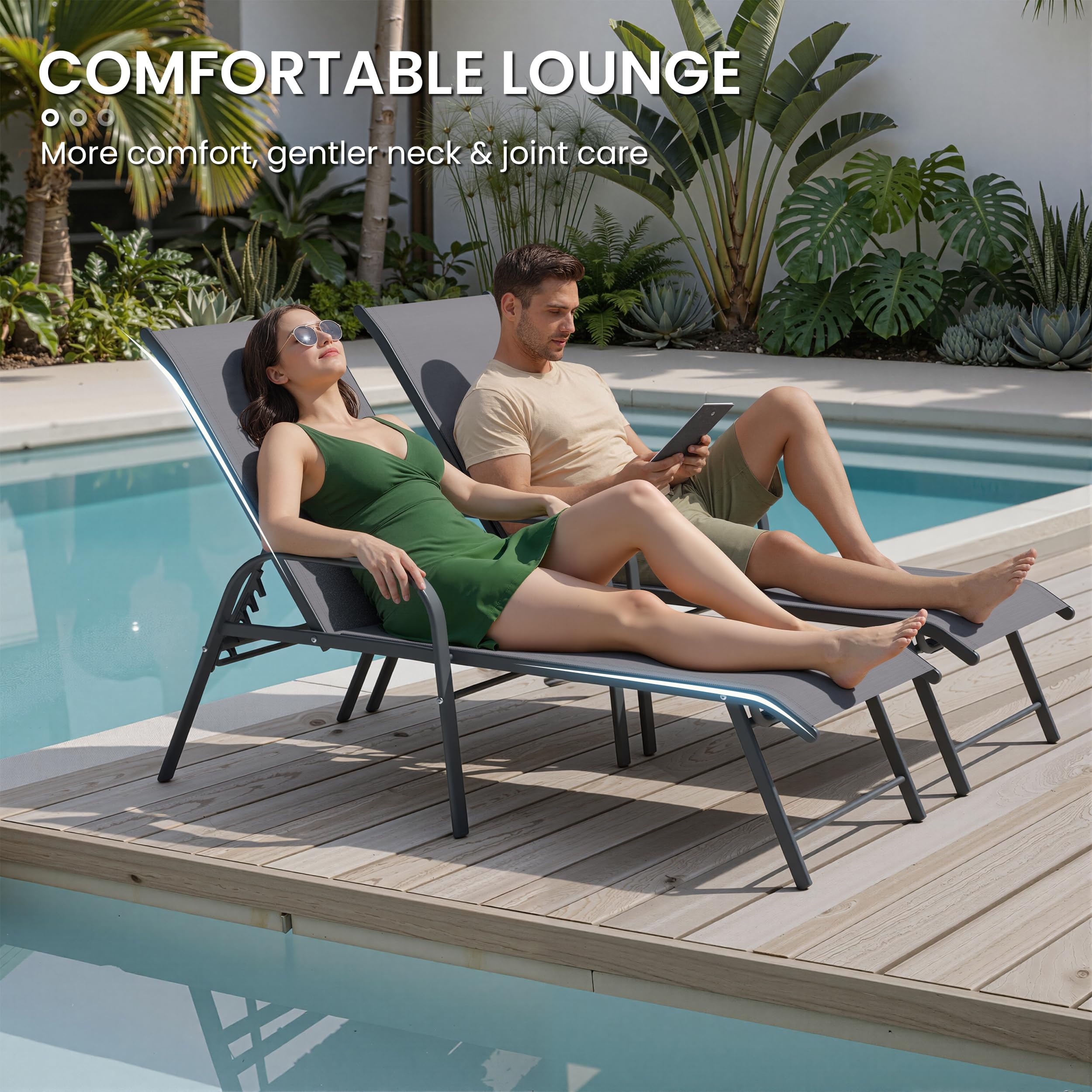 Crestlive Products Chaise Lounge Chair Outdoor with Armrests, Pool Lounge Chairs Set of 2, Aluminum Adjustable 5 Positions Sun Tanning Lounger for Patio, Poolside, Yard, Deck, Backyard (Beige)