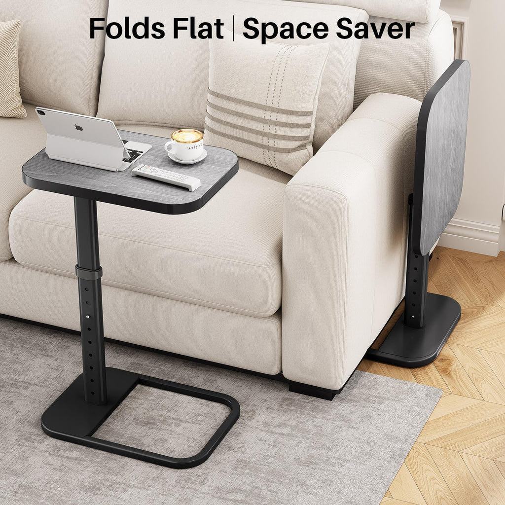 Kitstorack TV Tray Table, Adjustable Height & Rounded Metal Corners, Snack Table for Couch, Sofa, Bed, Chair, Living Room, C Shaped End Side Table for Eating, Dinner or Laptop, Small Spaces, Black