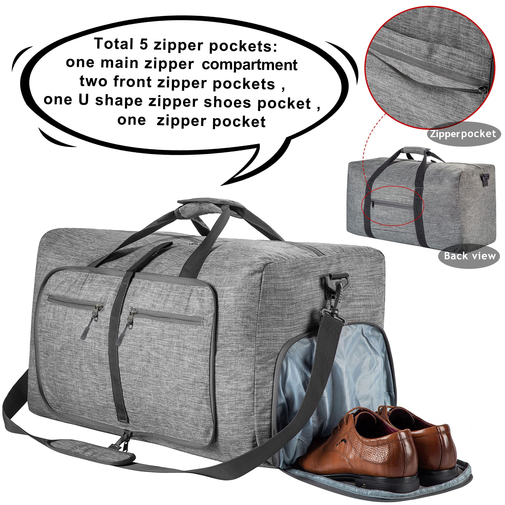 Vomgomfom 65L/85L/115L Foldable Travel Duffle Bag, Lightweight Checked Luggage with Shoe Compartment, Water-Resistant Weekender Overnight Bag for Men & Women