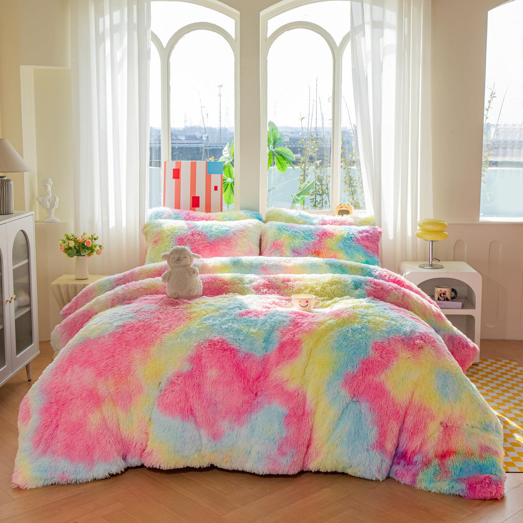 Faux Fur Kids Girls Purple Rainbow Comforter Sets Twin/Full - 3PC Bed Set Warm Comfortable Soft Plush Flannel Velvet Fluffy Fuzzy Bedding（Comforter x 1 Pillowcases x 2）