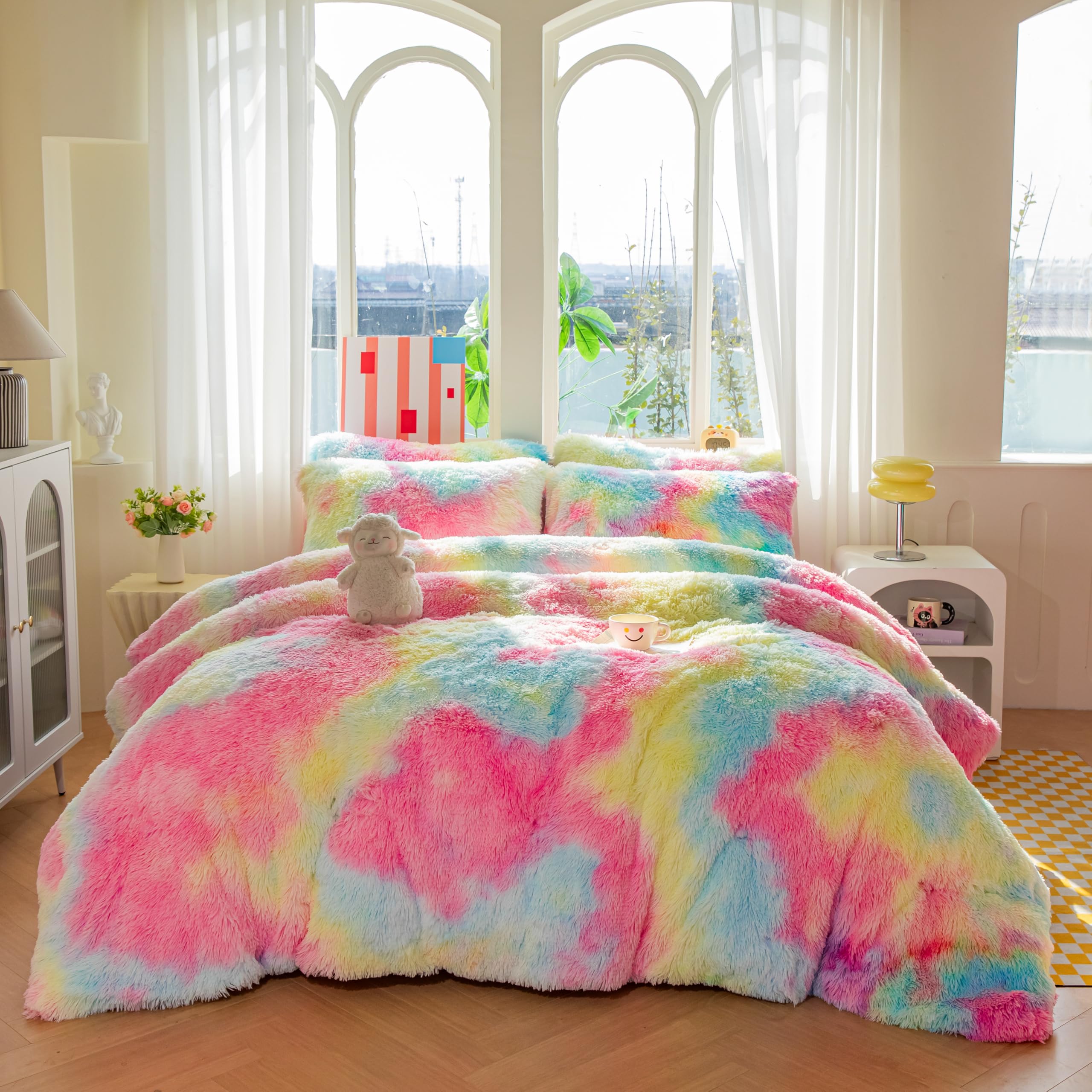 Faux Fur Kids Girls Purple Rainbow Comforter Sets Twin/Full - 3PC Bed Set Warm Comfortable Soft Plush Flannel Velvet Fluffy Fuzzy Bedding（Comforter x 1 Pillowcases x 2）